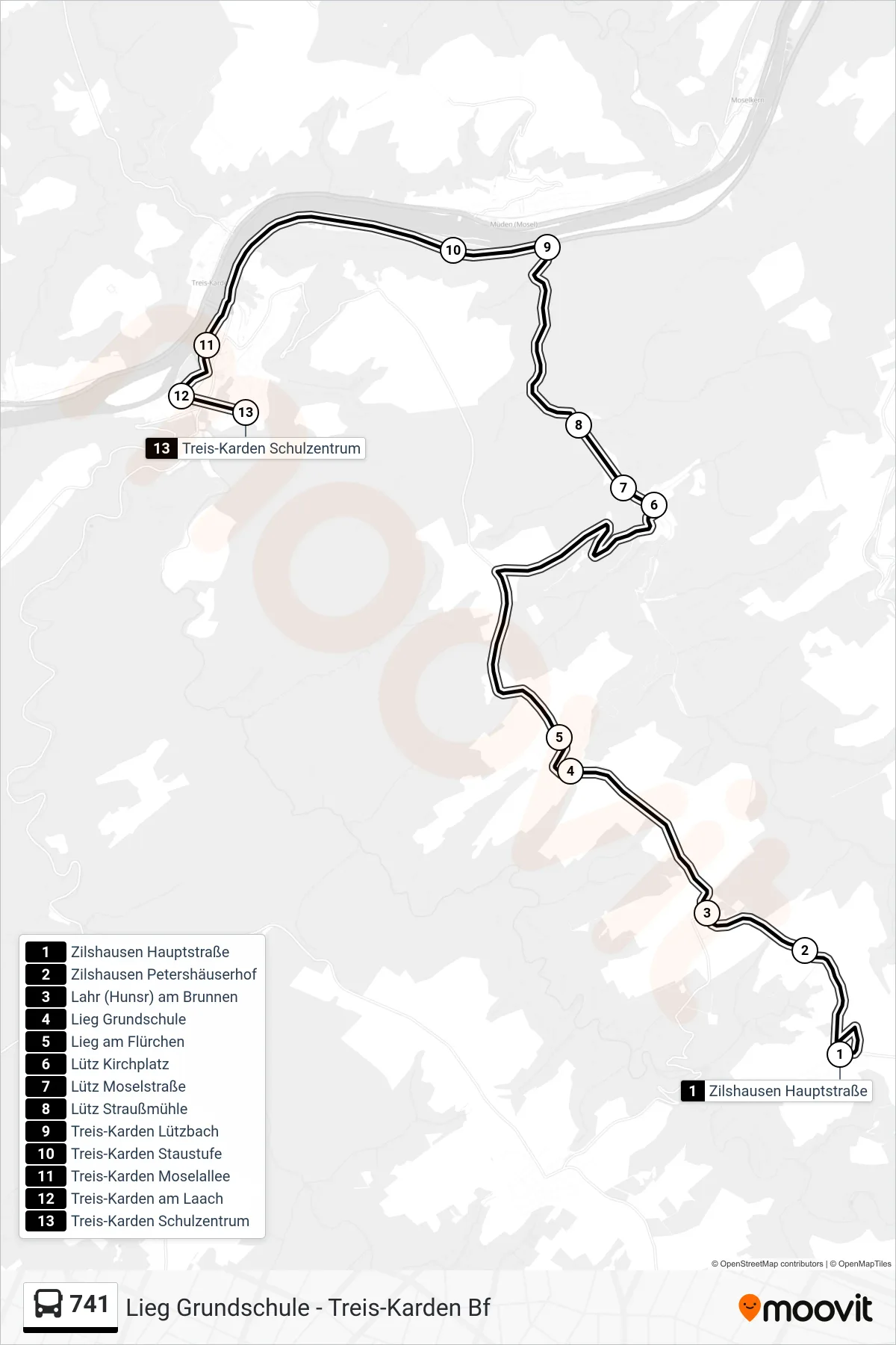 741 bus Line (Treis-Karden Schulzentrum) route and stops on a map