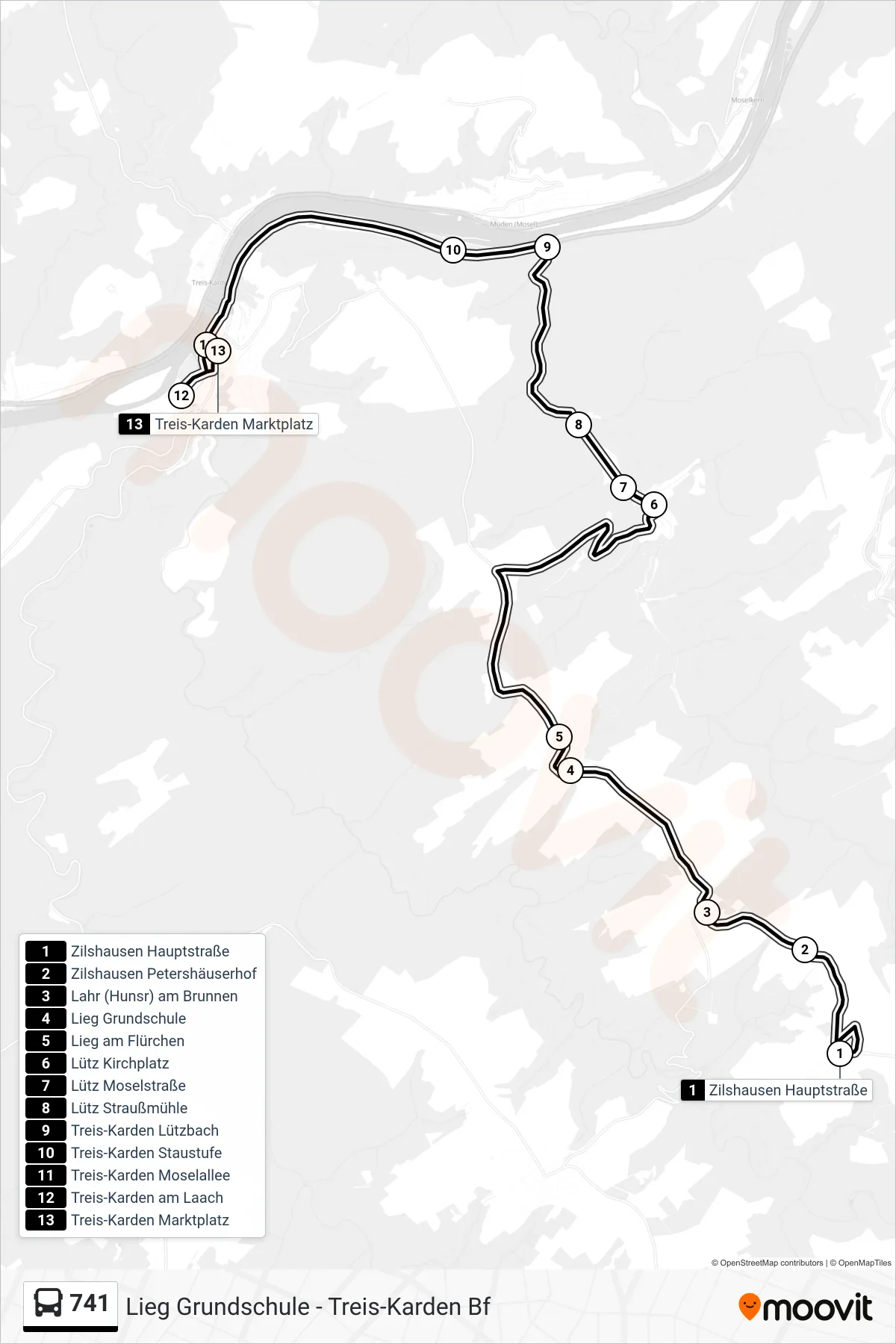 741 bus Line (Treis-Karden Marktplatz) route and stops on a map