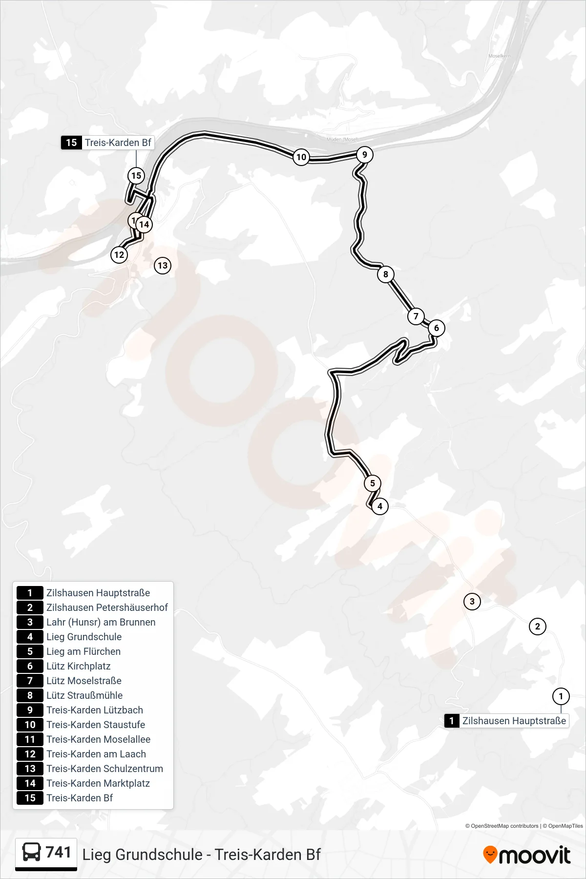 741 bus Line (Treis-Karden Bf) route and stops on a map