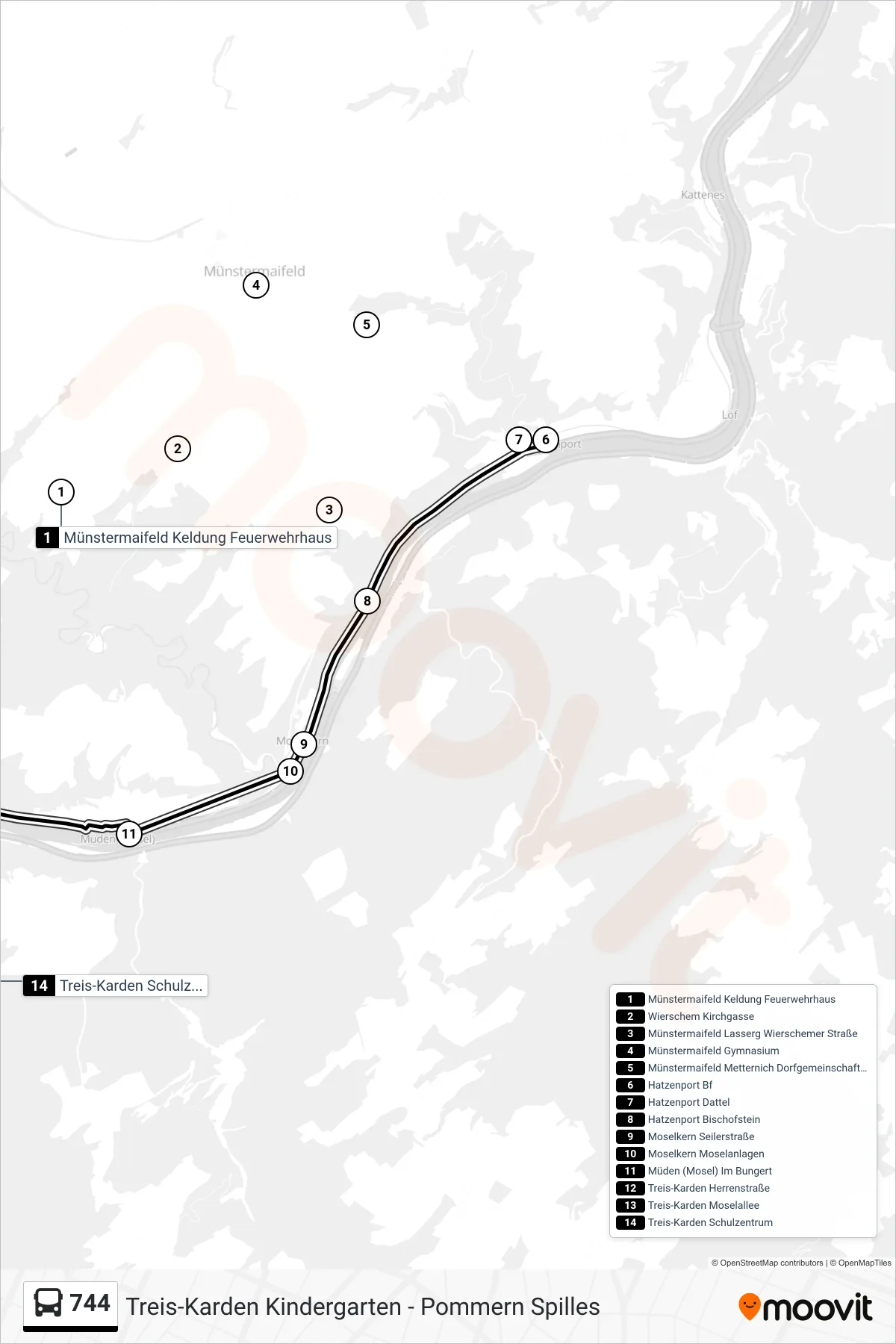 744 bus Line (Treis-Karden Schulzentrum) route and stops on a map
