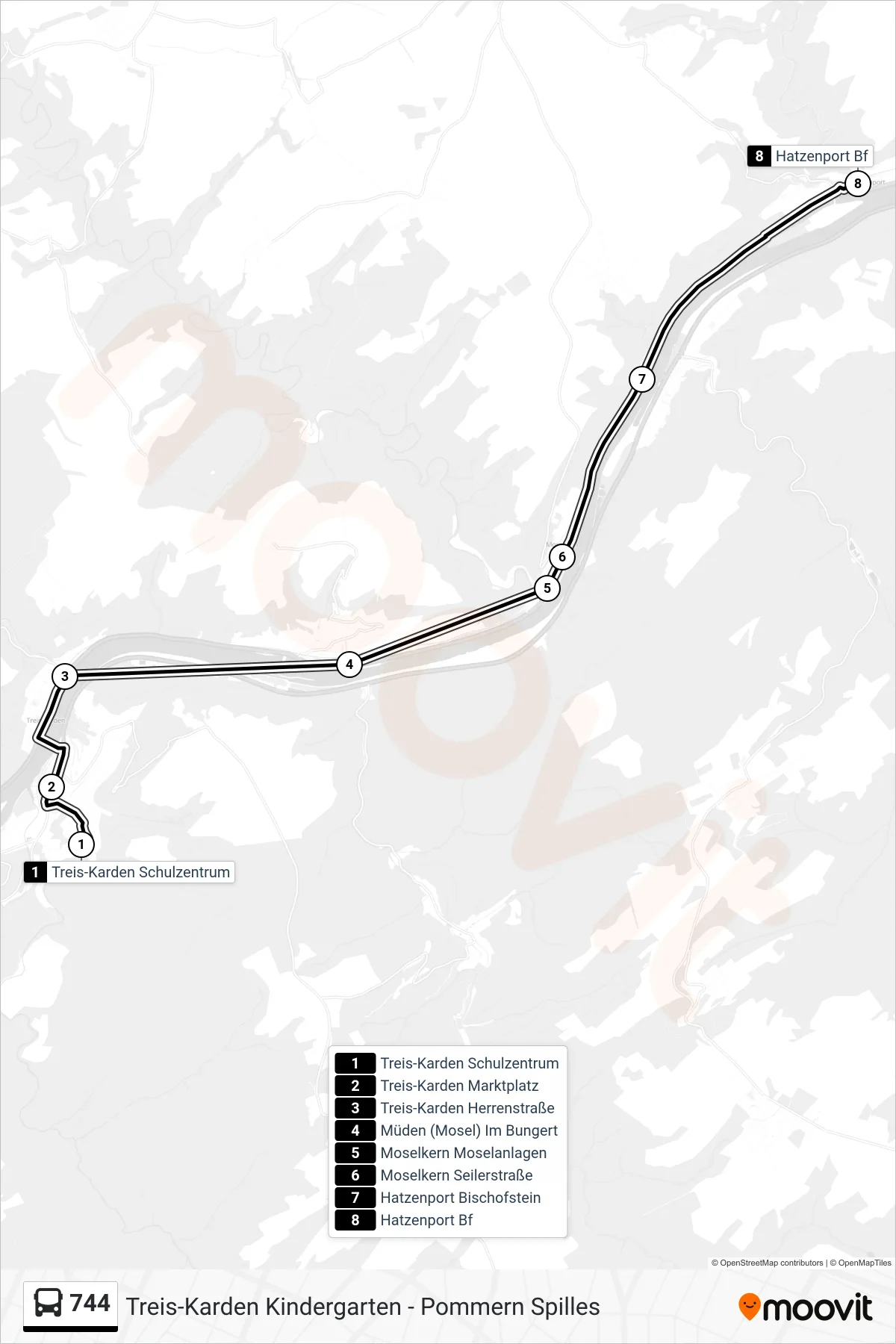 744 bus Line (Hatzenport Bf) route and stops on a map
