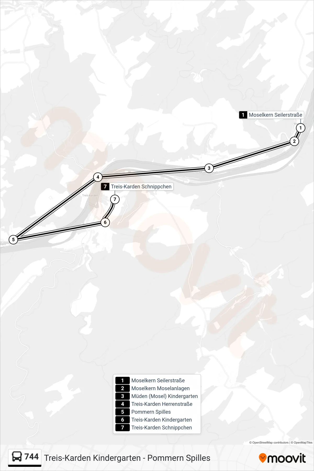 744 bus Line (Treis-Karden Schnippchen) route and stops on a map