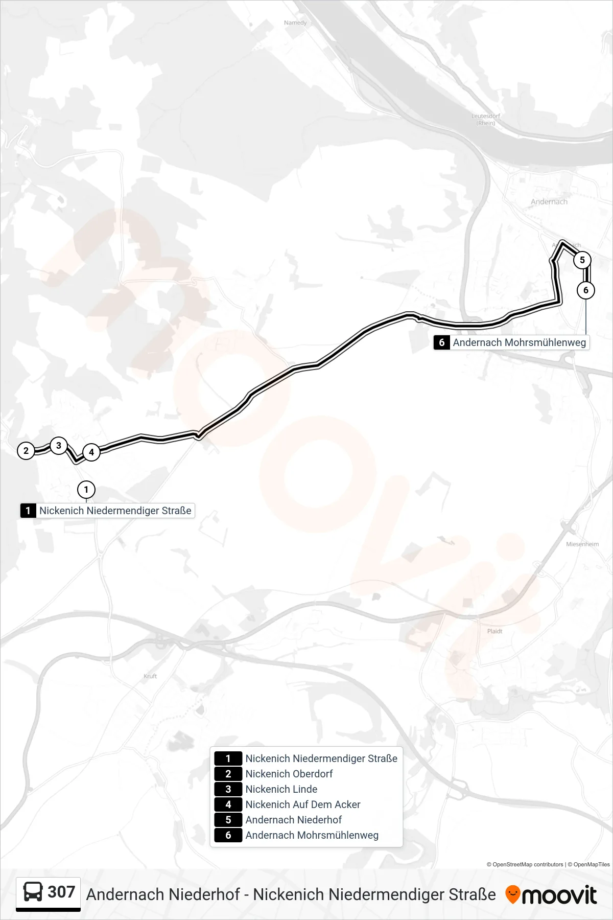 307 bus Line (Andernach Mohrsmühlenweg) route and stops on a map