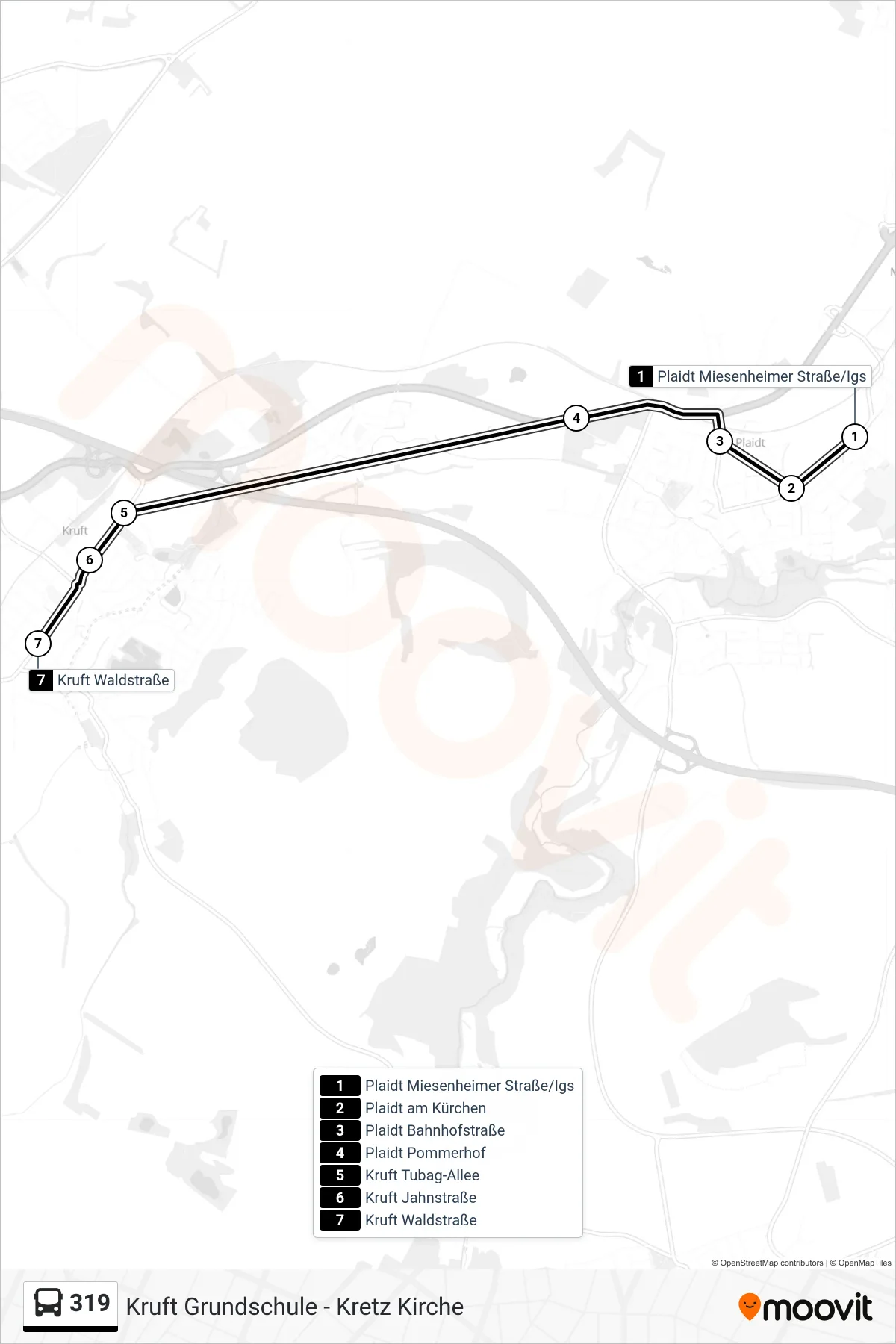 Linie 319 (Bus) Richtung Kruft Waldstraße: Route und Haltestellen auf der Karte