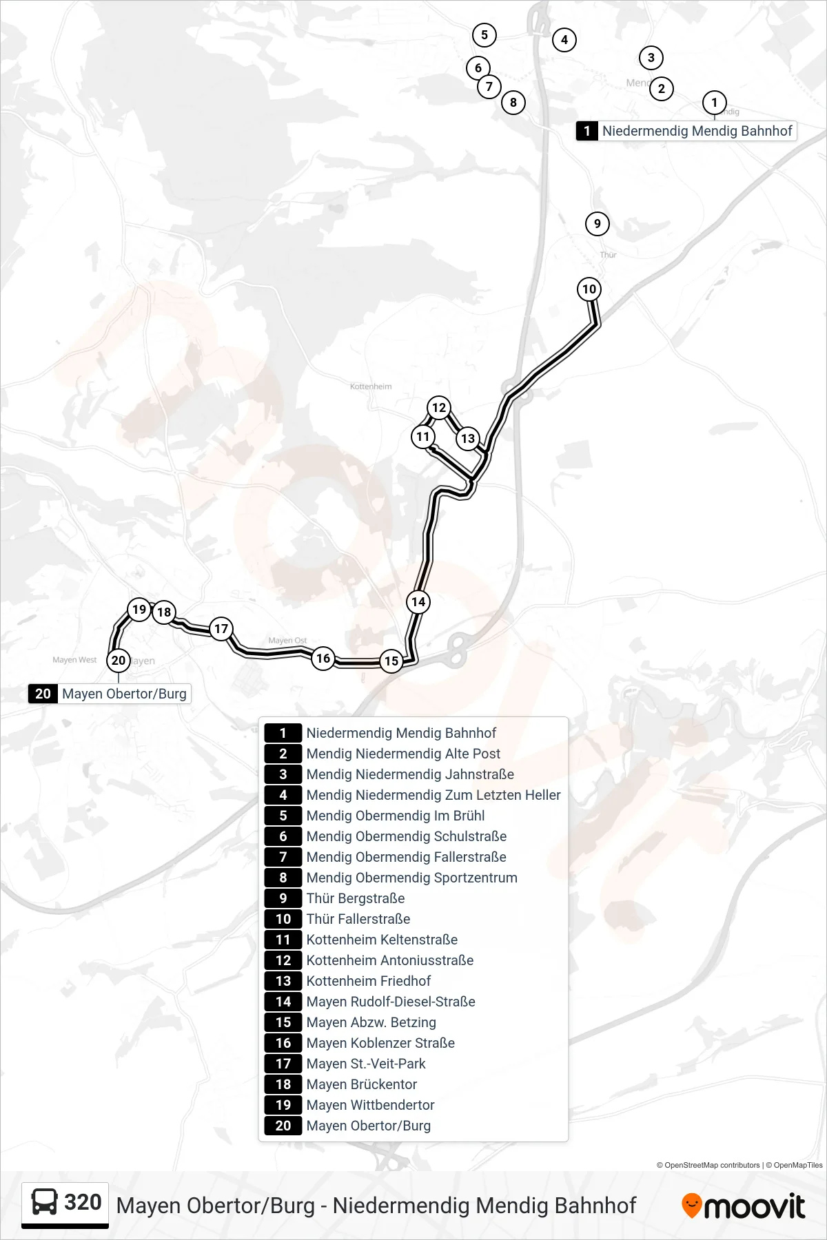 Linie 320 (Bus) Richtung Mayen Obertor/Burg: Route und Haltestellen auf der Karte