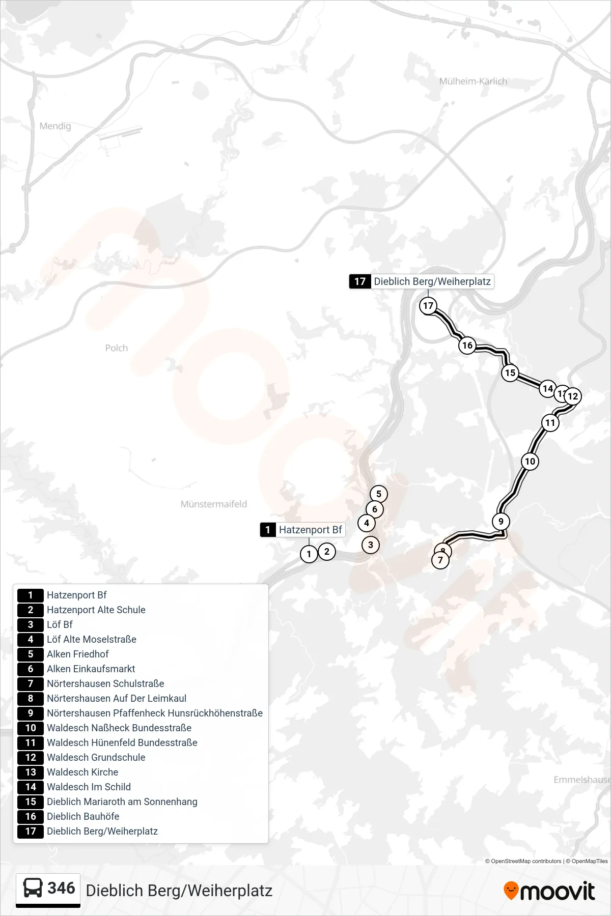 346 bus Line (Dieblich Berg/Weiherplatz) route and stops on a map