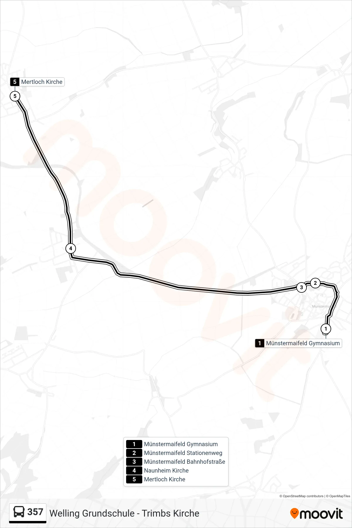 Linie 357 (Bus) Richtung Mertloch Kirche: Route und Haltestellen auf der Karte