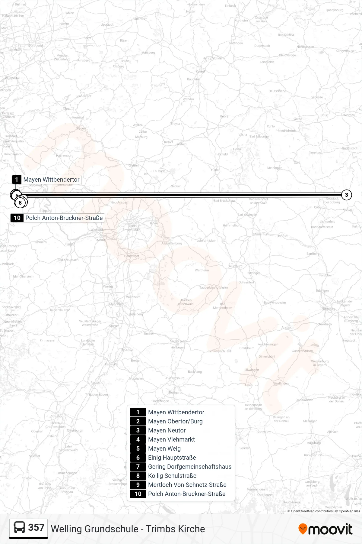 357 bus Line (Polch Anton-Bruckner-Straße) route and stops on a map