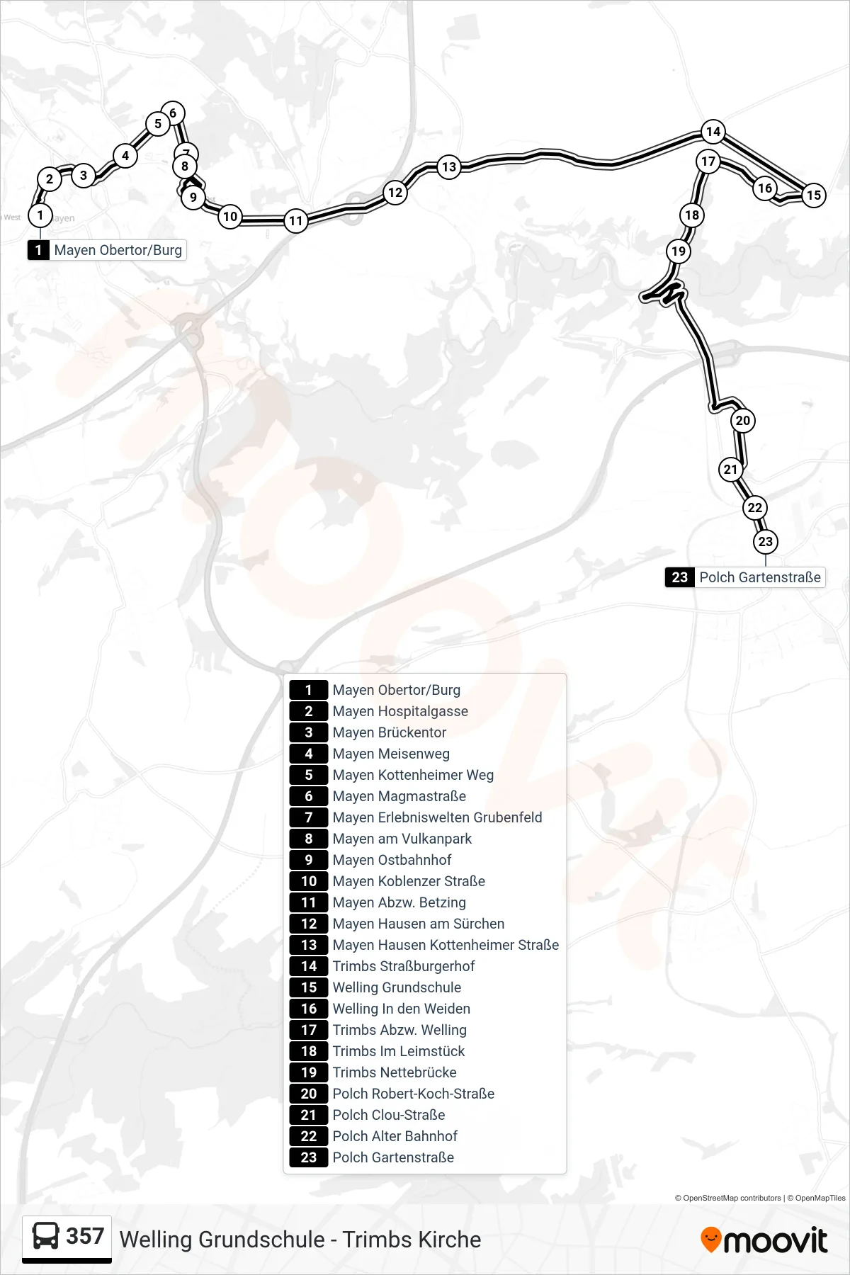 Linie 357 (Bus) Richtung Polch Gartenstraße: Route und Haltestellen auf der Karte