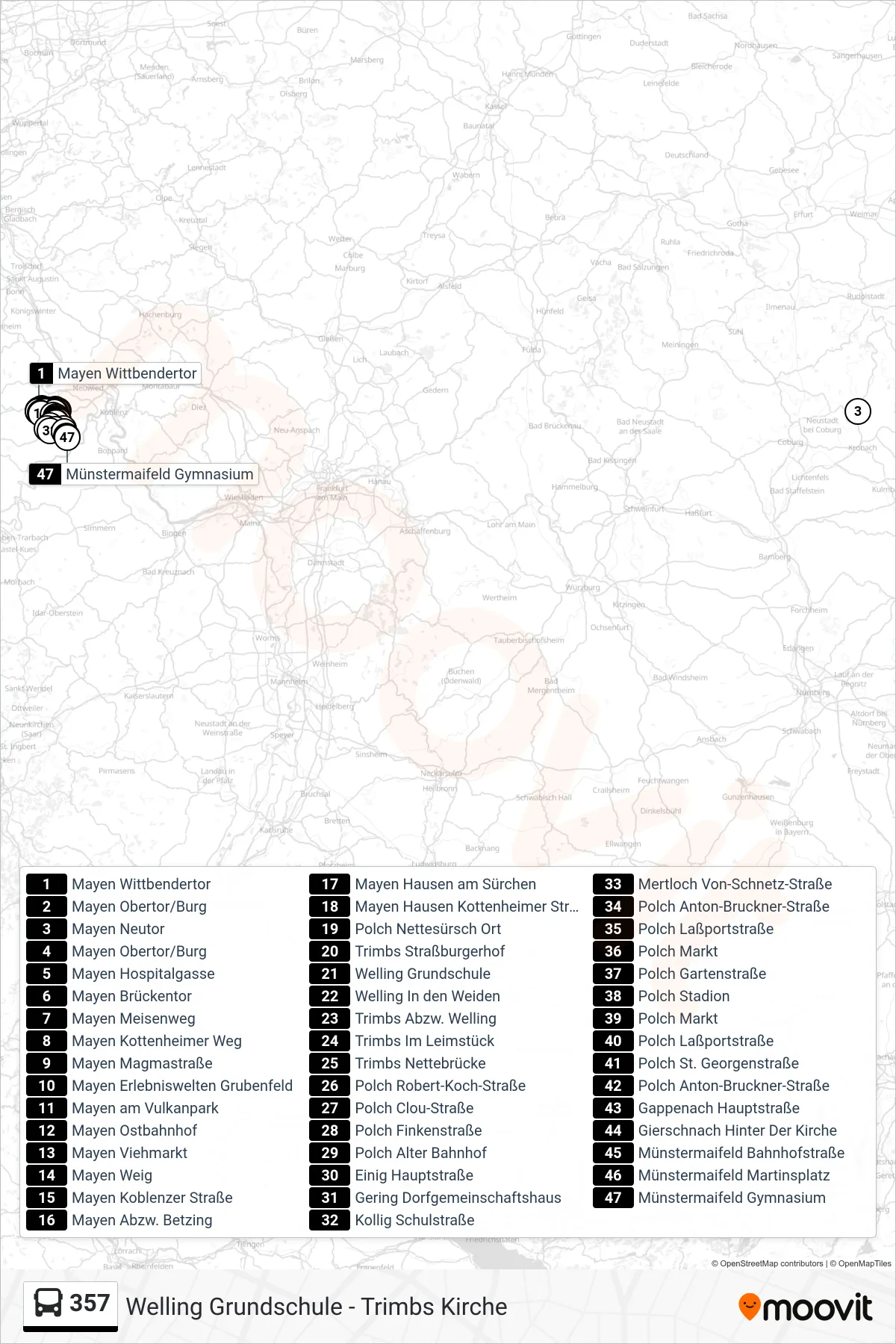 357 bus Line (Münstermaifeld Gymnasium) route and stops on a map