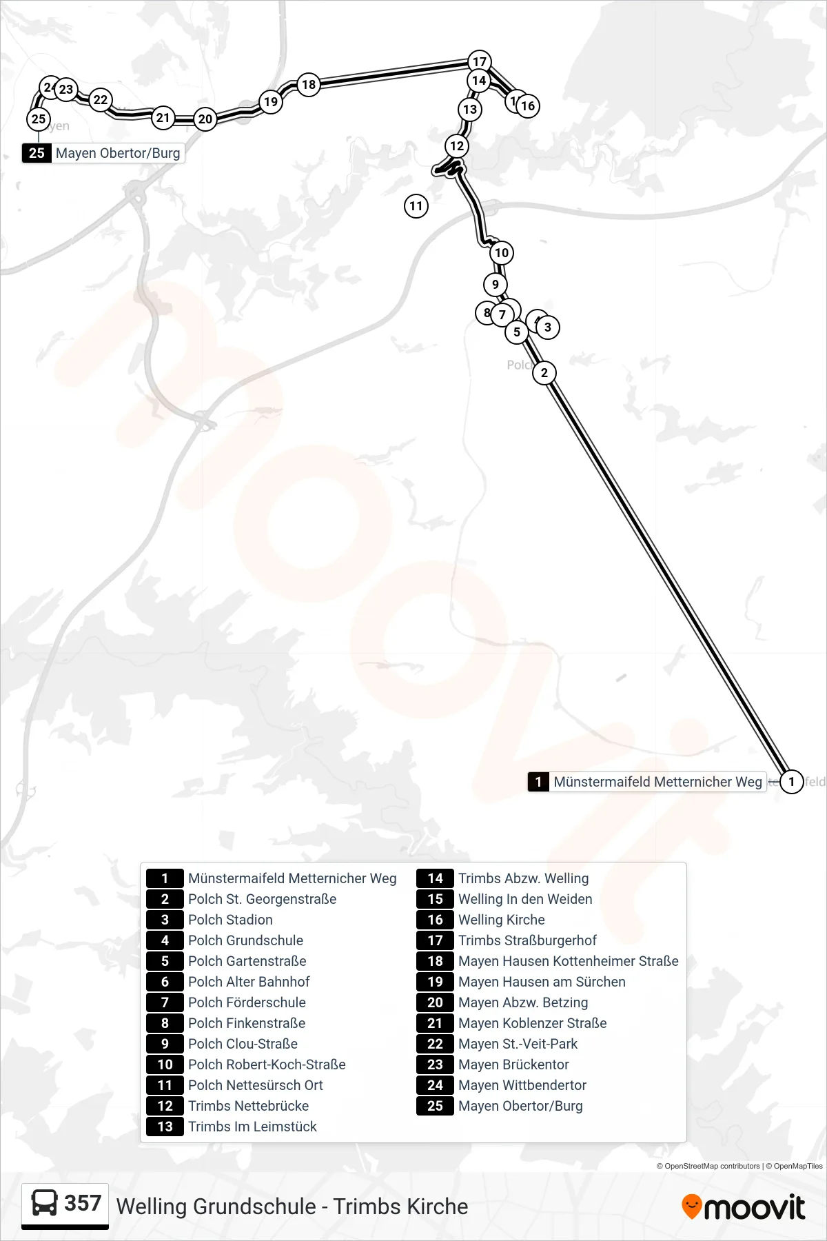 357 bus Line (Mayen Obertor/Burg) route and stops on a map