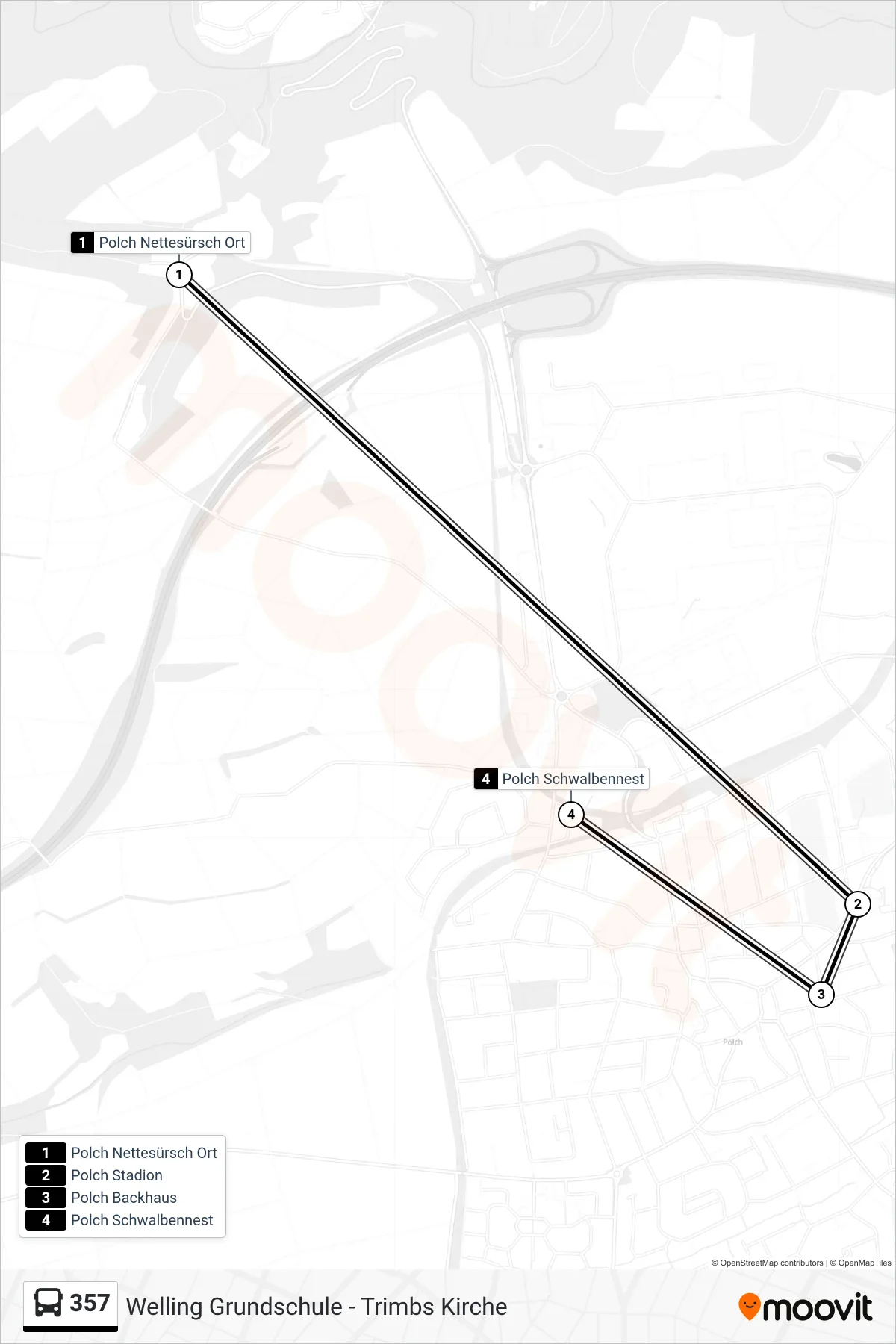357 bus Line (Polch Schwalbennest) route and stops on a map