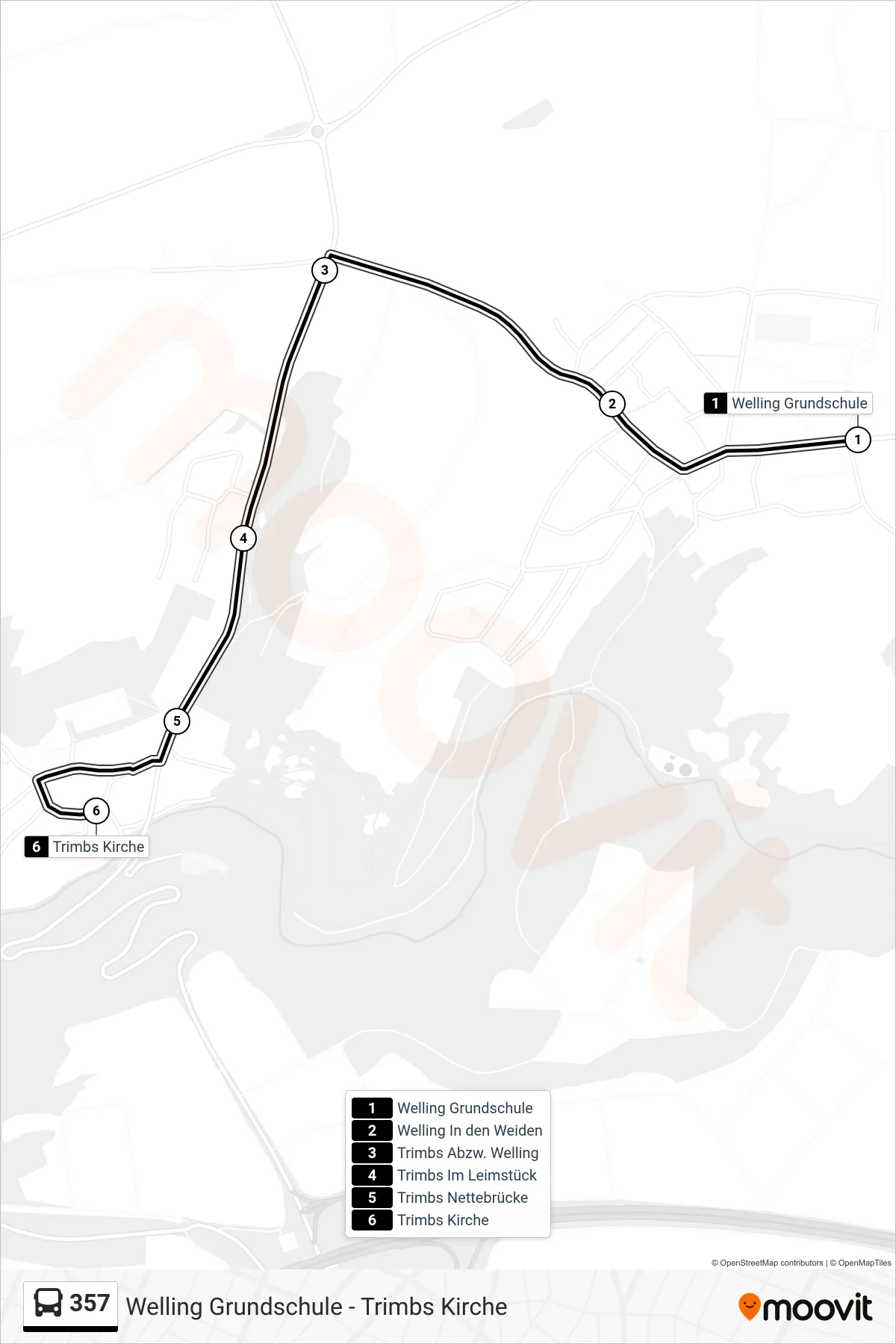 357 bus Line (Trimbs Kirche) route and stops on a map