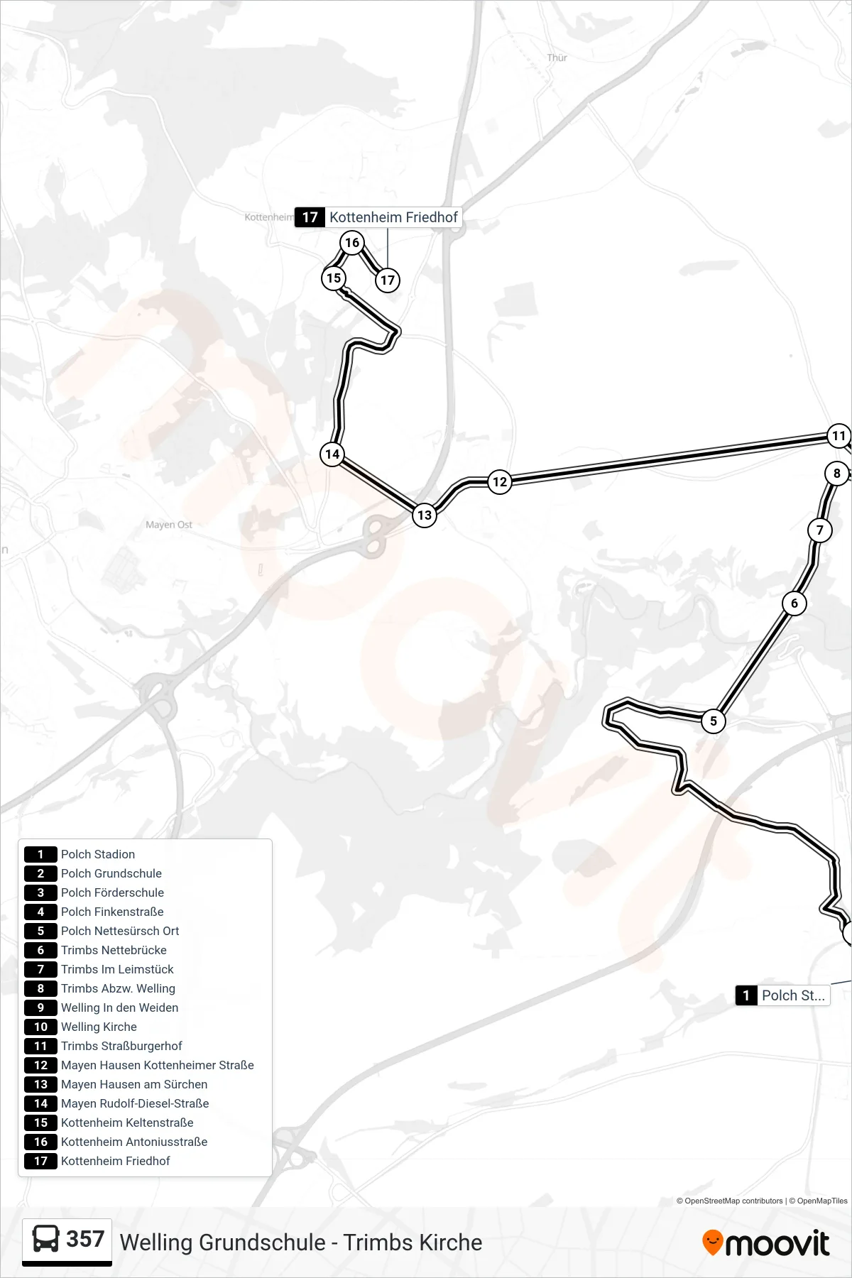 357 bus Line (Kottenheim Friedhof) route and stops on a map