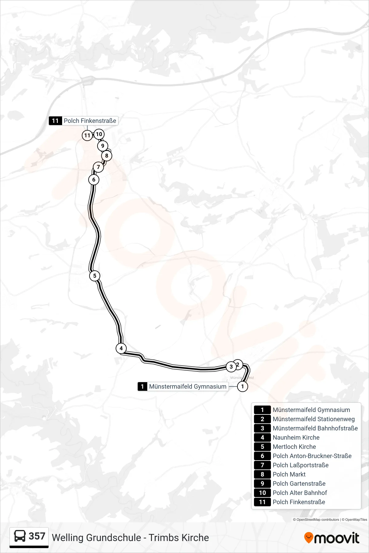 357 bus Line (Polch Finkenstraße) route and stops on a map