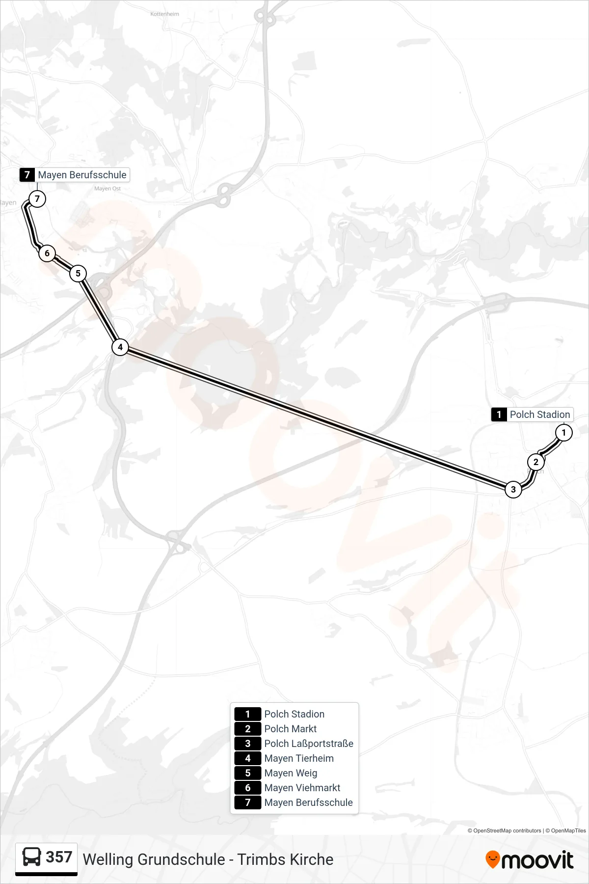 357 bus Line (Mayen Berufsschule) route and stops on a map