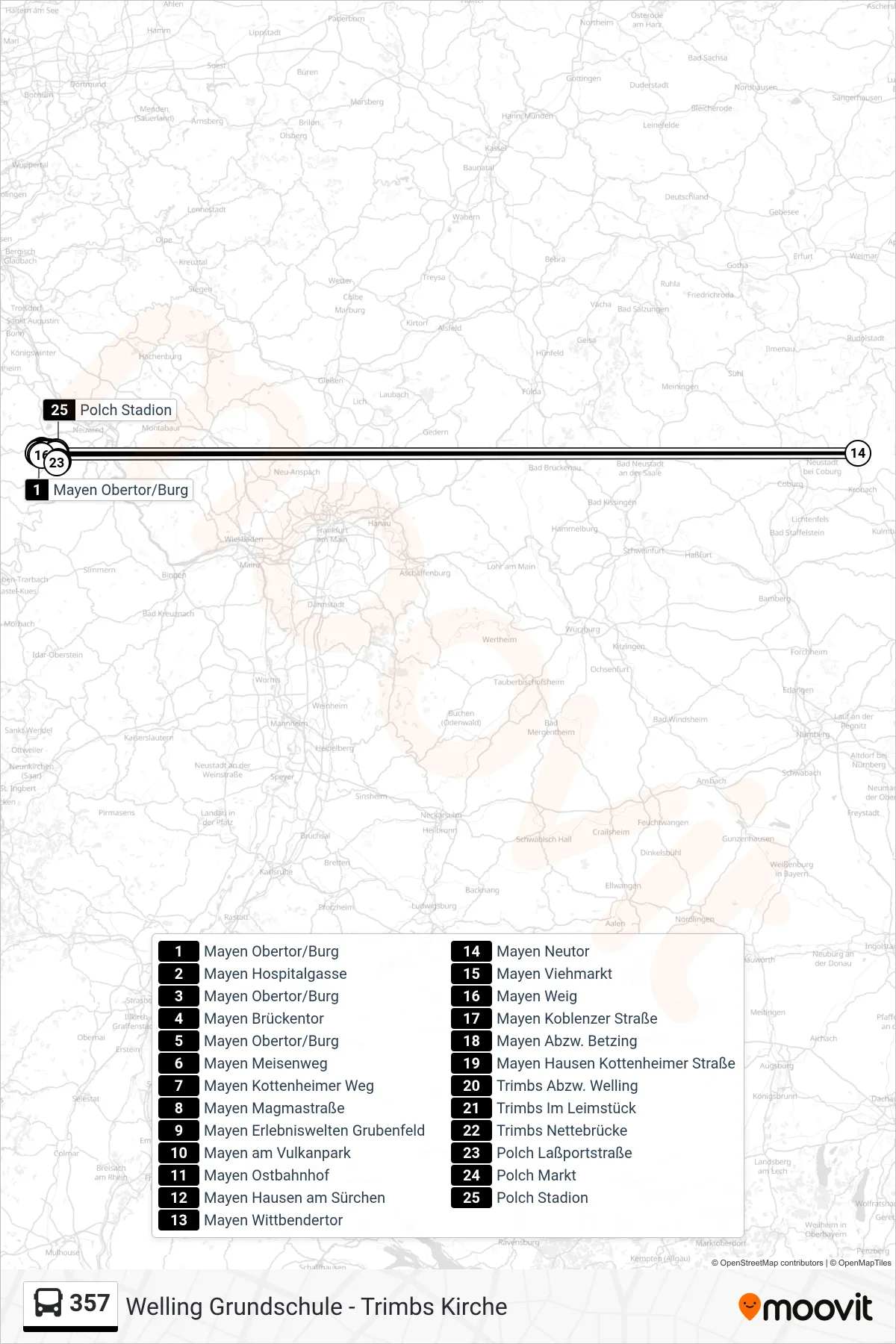 357 bus Line (Polch Stadion) route and stops on a map