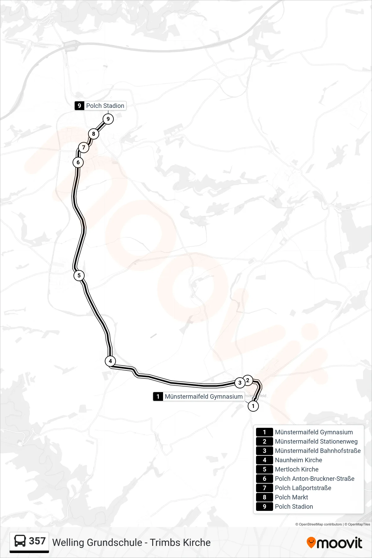 357 bus Line (Polch Stadion) route and stops on a map