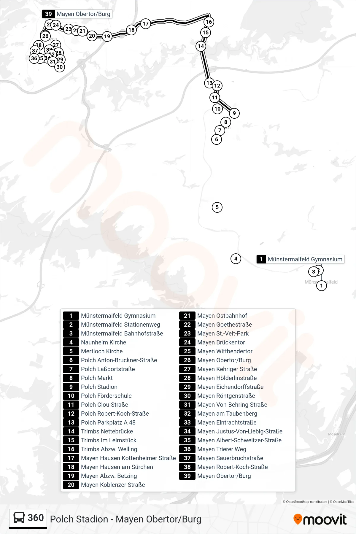 360 bus Line (Mayen Obertor/Burg) route and stops on a map