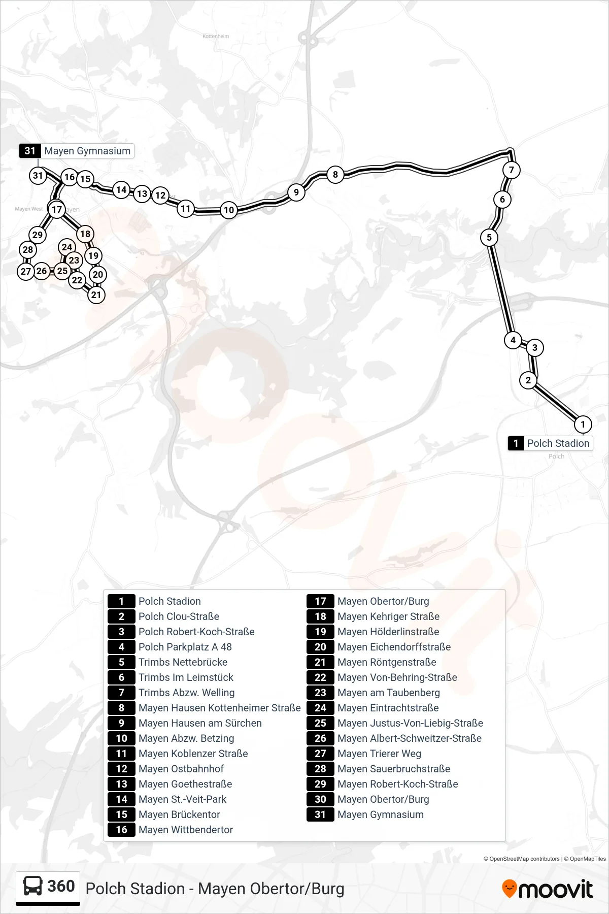 360 bus Line (Mayen Gymnasium) route and stops on a map