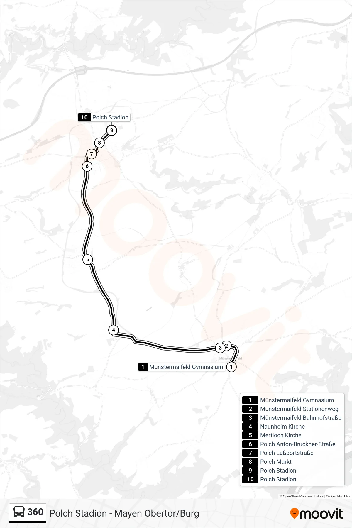 360 bus Line (Polch Stadion) route and stops on a map