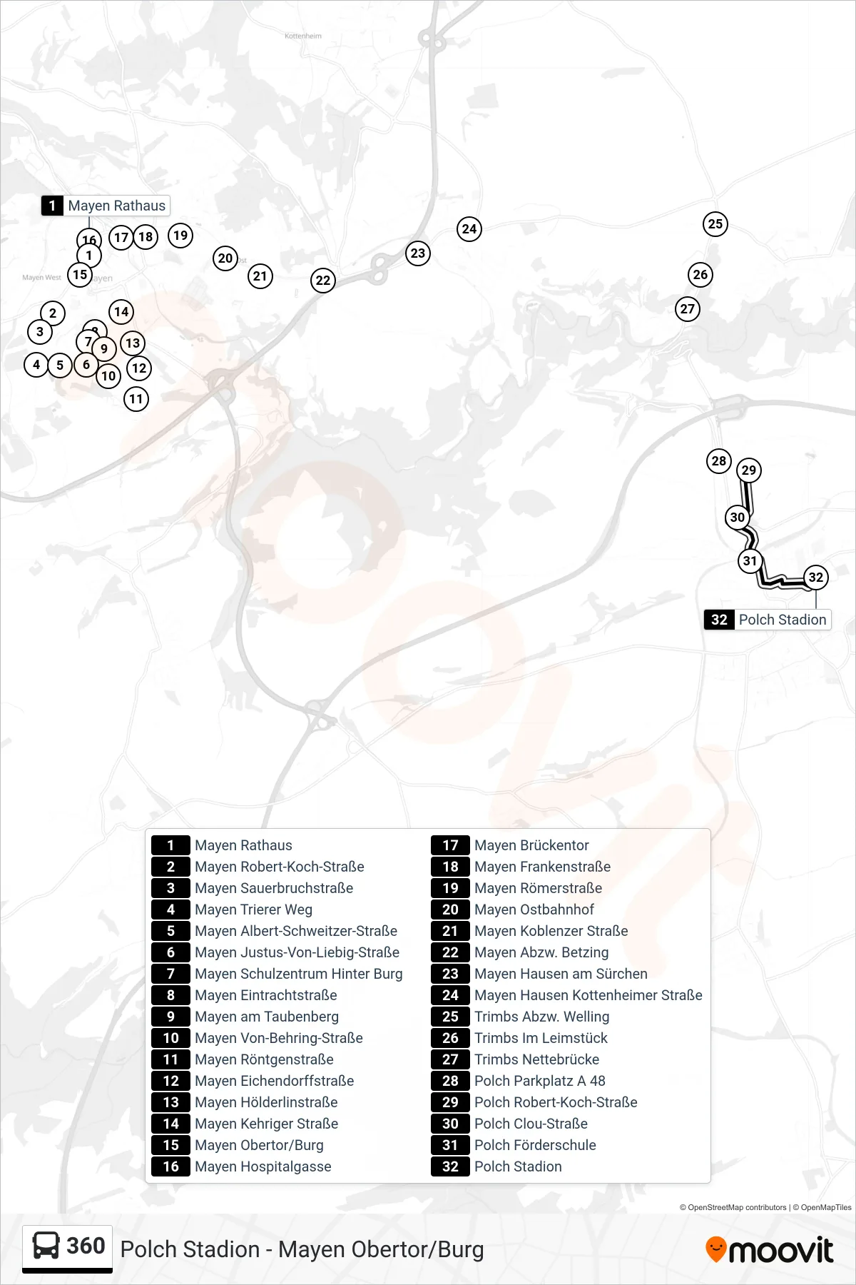 360 bus Line (Polch Stadion) route and stops on a map