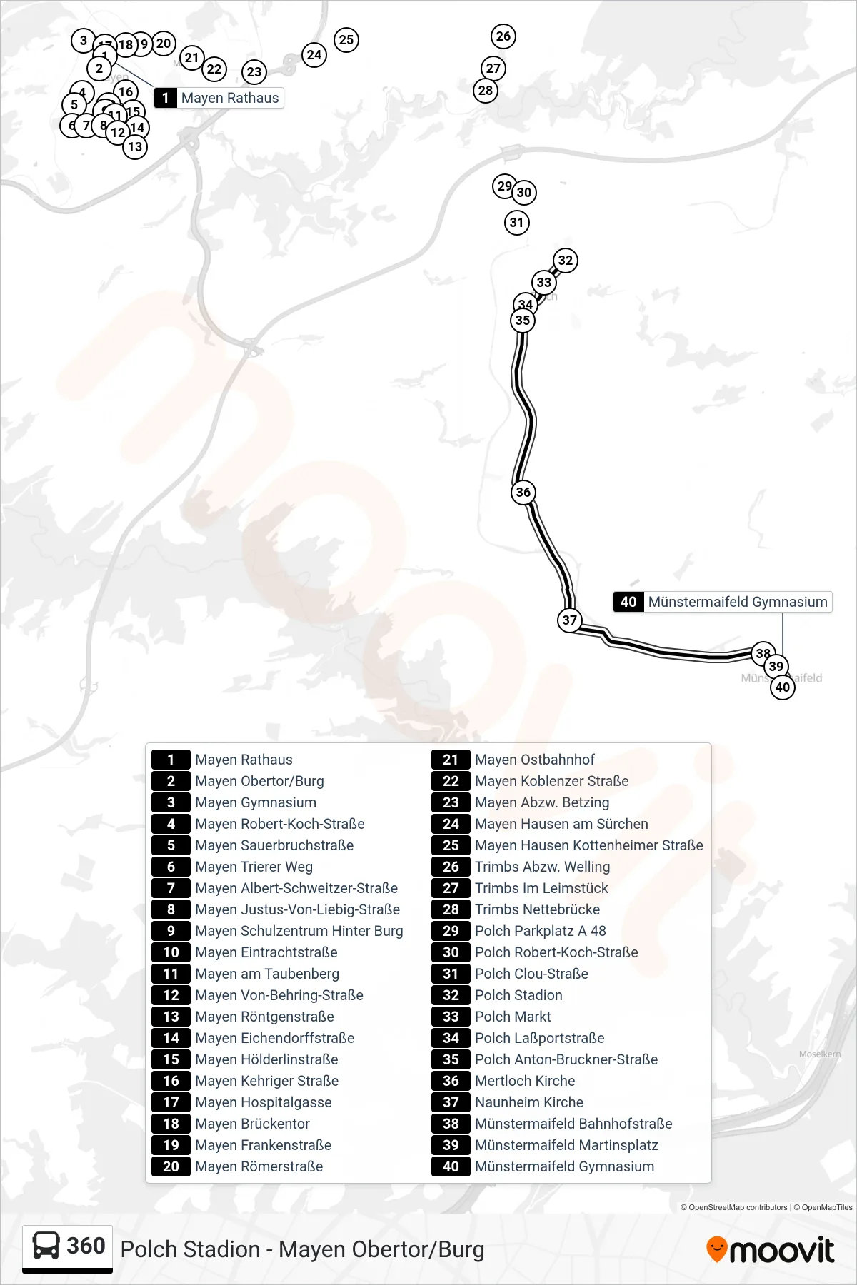 Linie 360 (Bus) Richtung Münstermaifeld Gymnasium: Route und Haltestellen auf der Karte