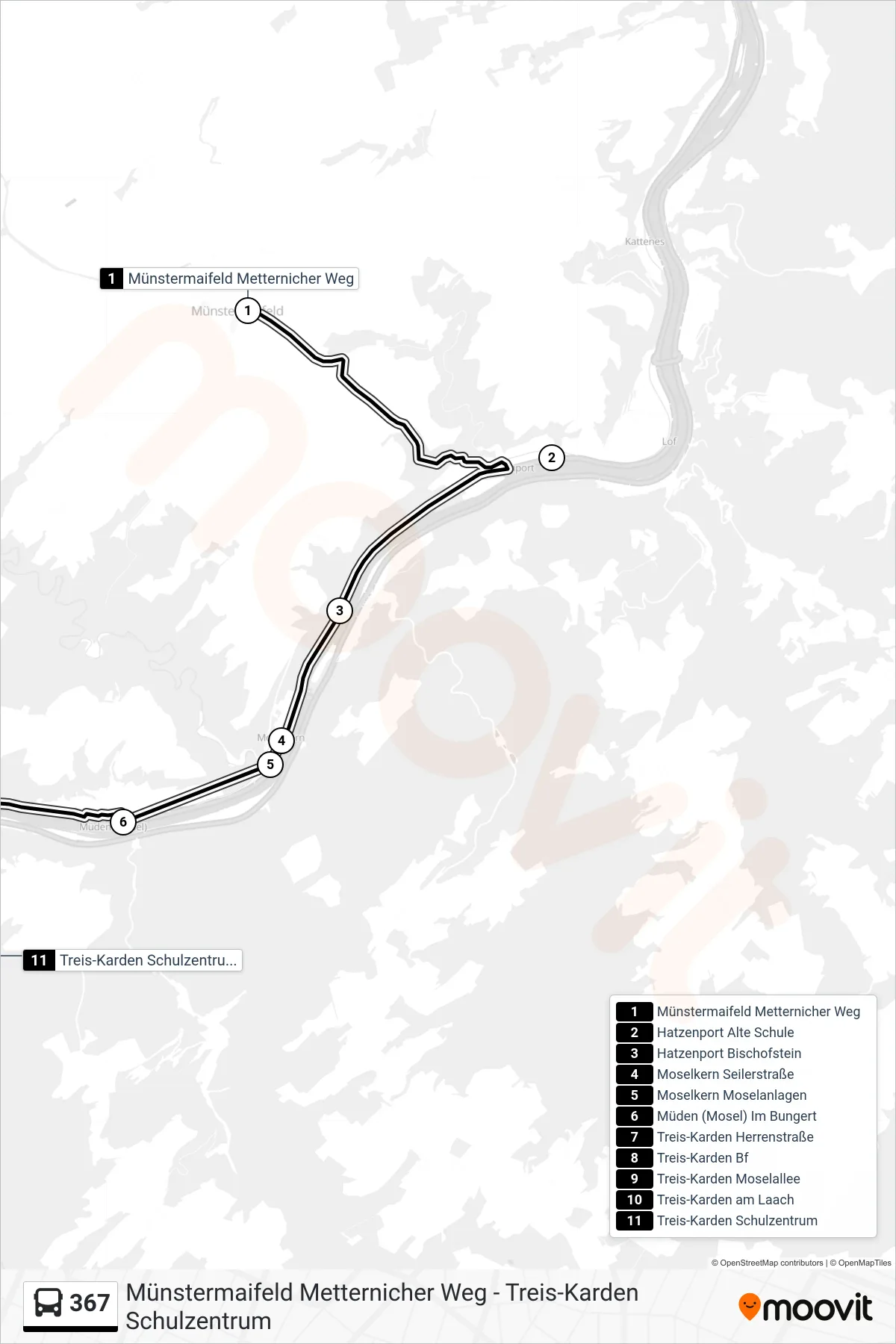 367 bus Line (Treis-Karden Schulzentrum) route and stops on a map