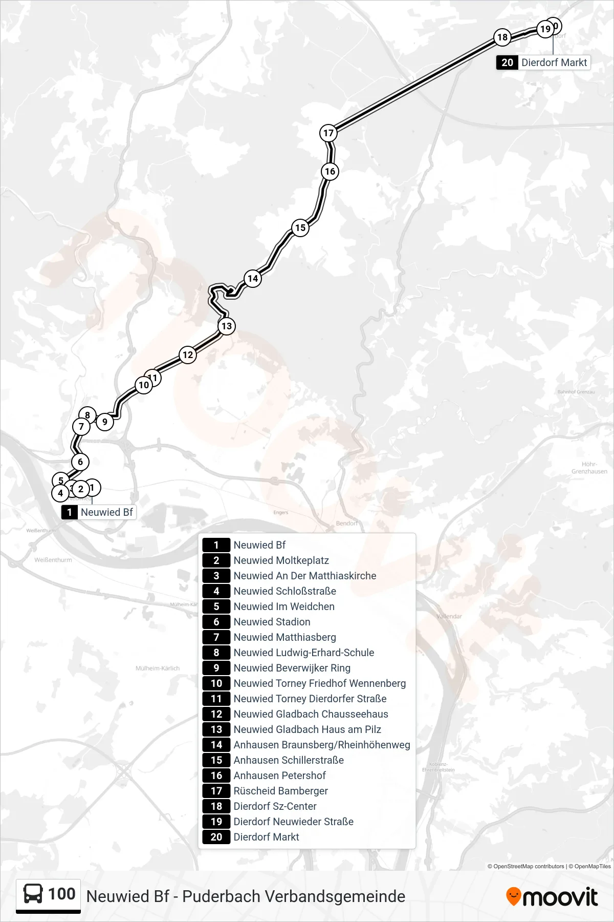 100 bus Line (Dierdorf Markt) route and stops on a map