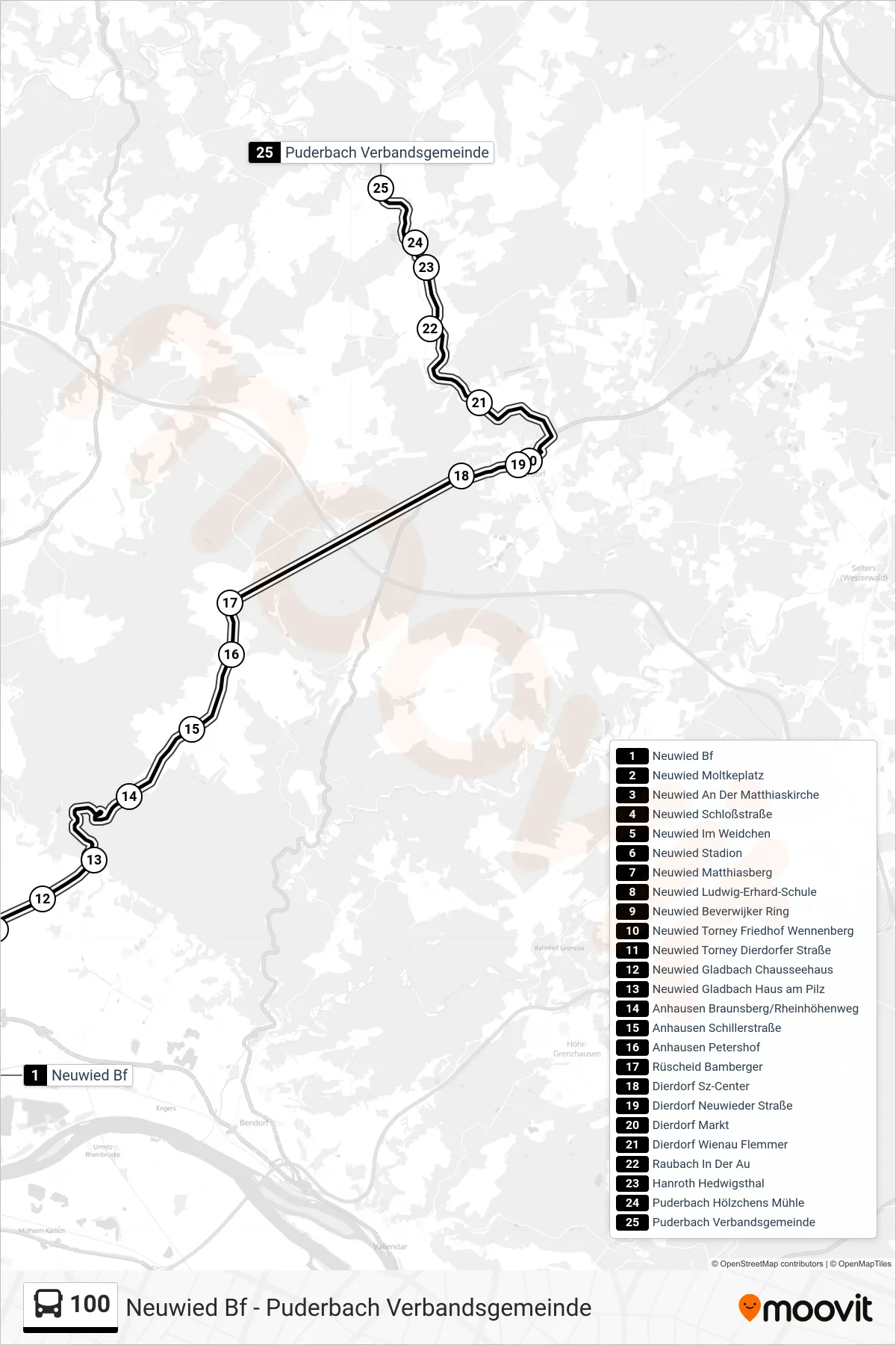 Linie 100 (Bus) Richtung Puderbach Verbandsgemeinde: Route und Haltestellen auf der Karte