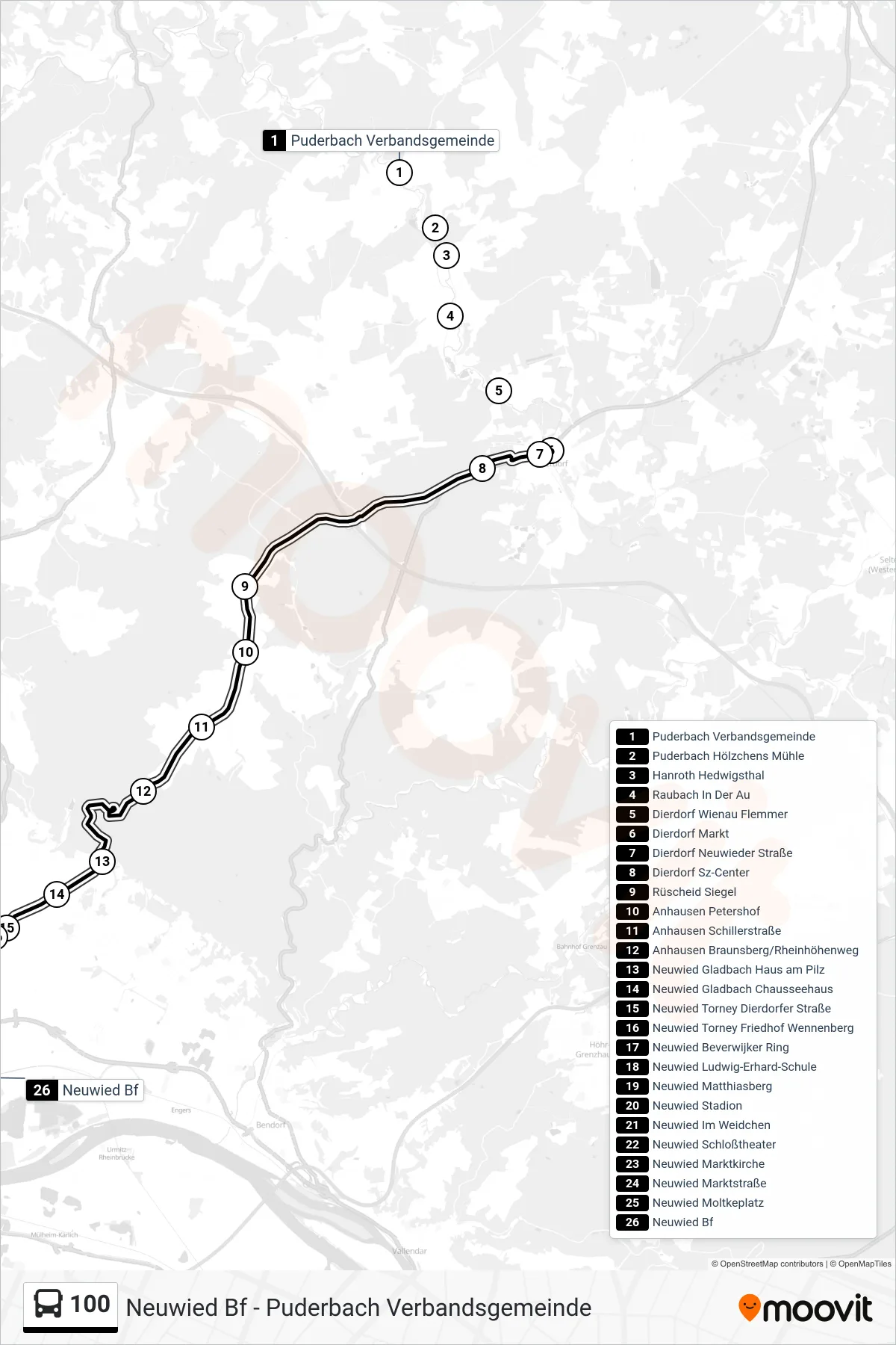 100 bus Line (Neuwied Bf) route and stops on a map