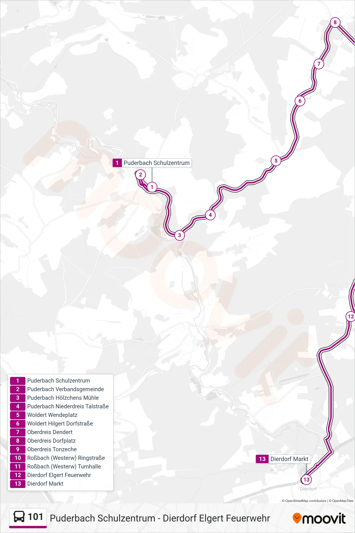 101 bus Line (Dierdorf Markt) route and stops on a map