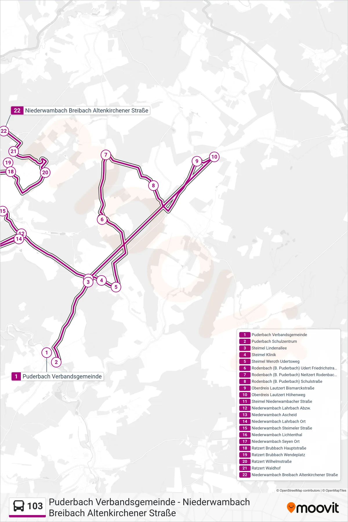 103 bus Line (Niederwambach Breibach Altenkirchener Straße) route and stops on a map