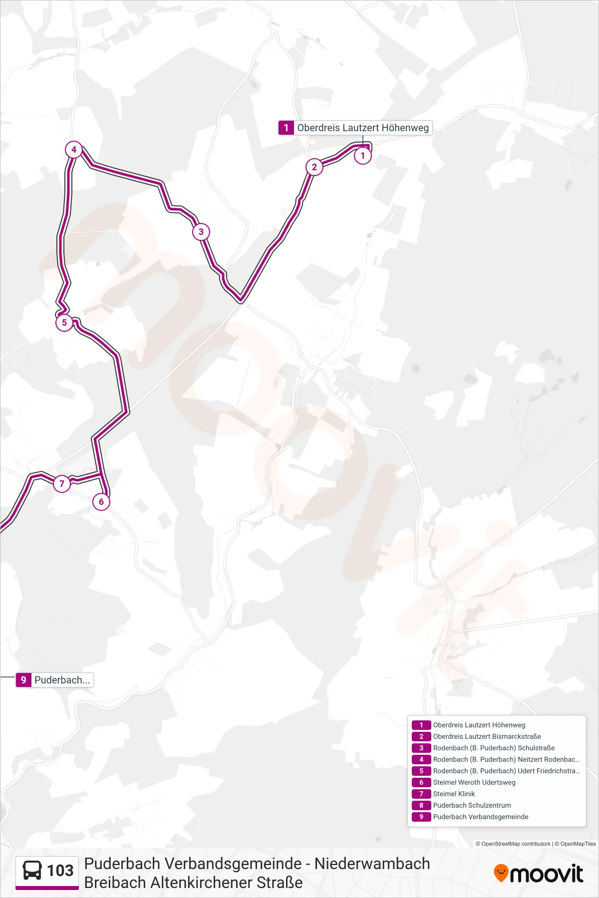 103 bus Line (Puderbach Verbandsgemeinde) route and stops on a map