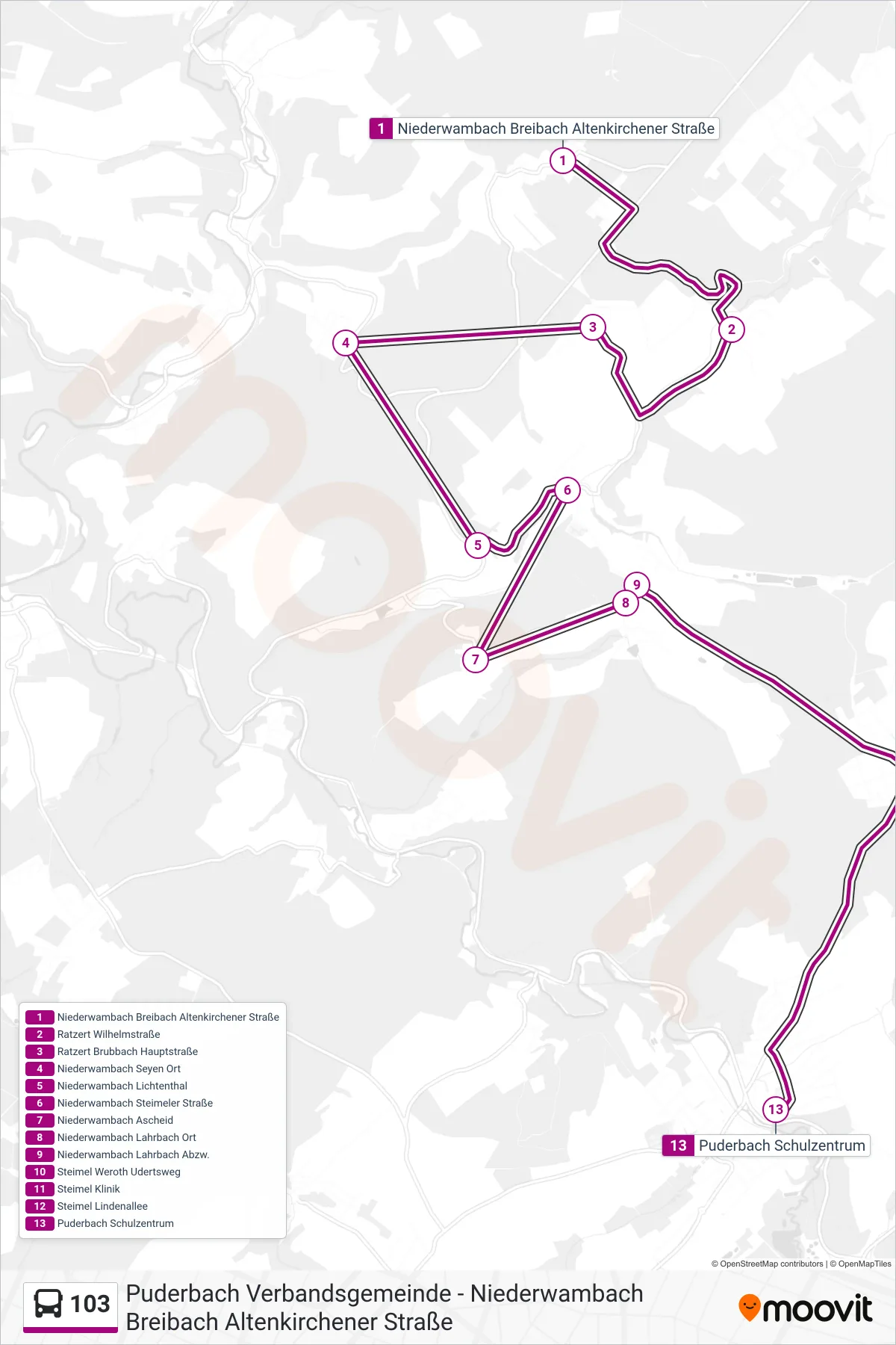 Linie 103 (Bus) Richtung Puderbach Schulzentrum: Route und Haltestellen auf der Karte