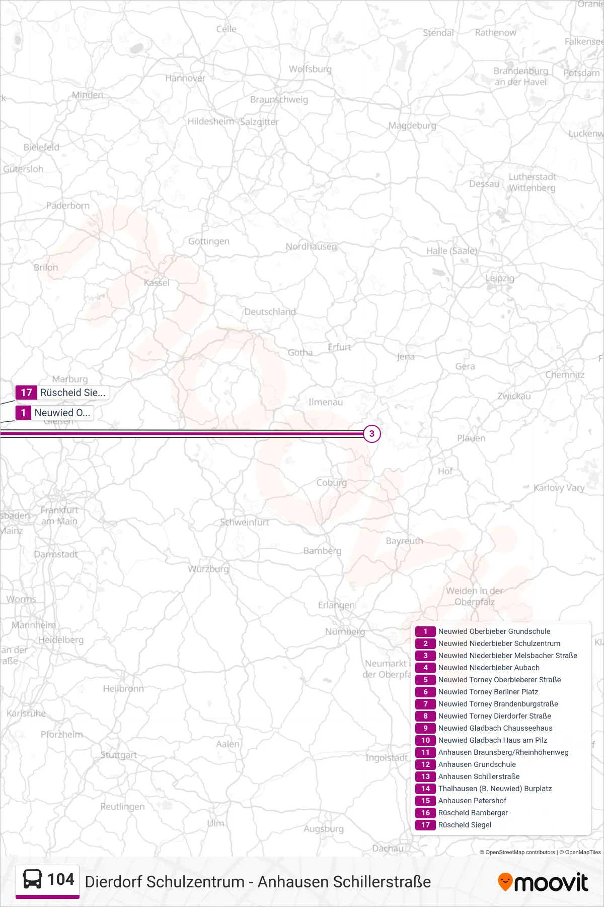 104 bus Line (Rüscheid Siegel) route and stops on a map