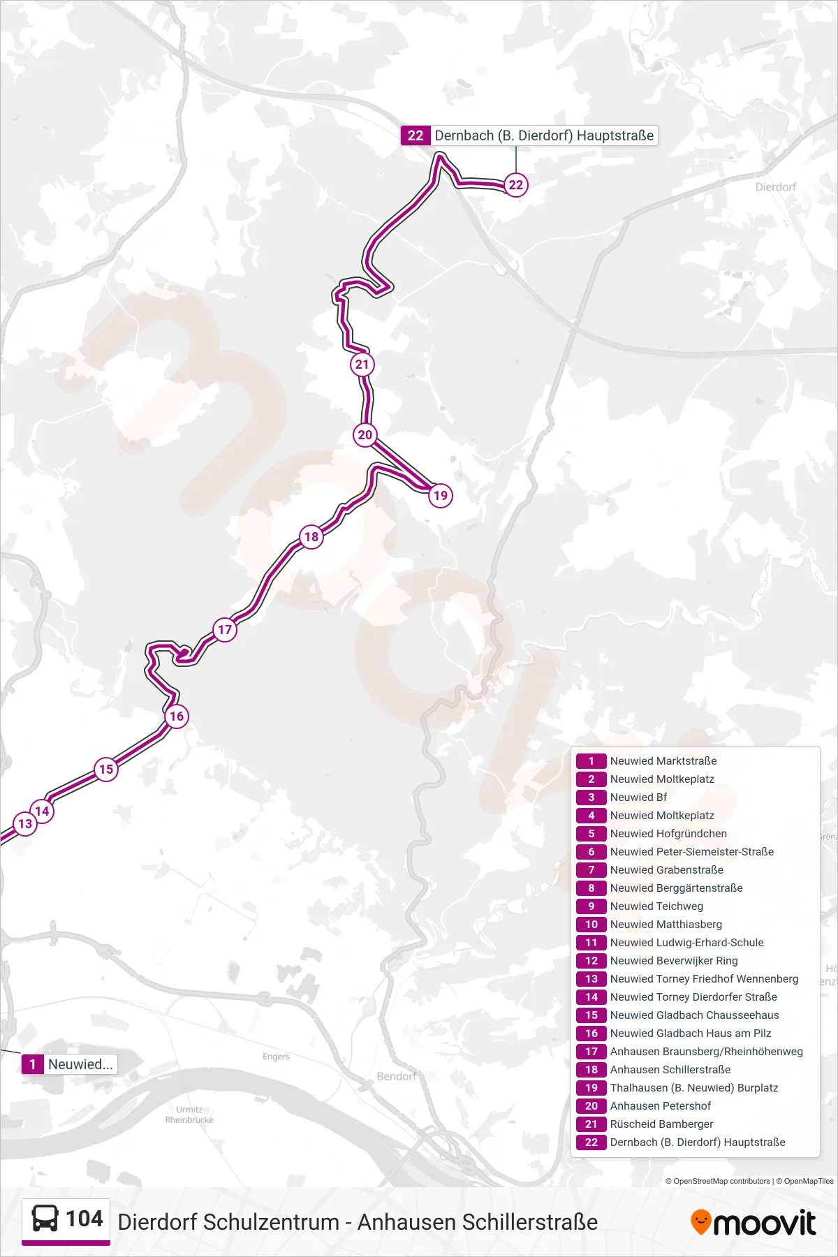 Linie 104 (Bus) Richtung Dernbach (B. Dierdorf) Hauptstraße: Route und Haltestellen auf der Karte