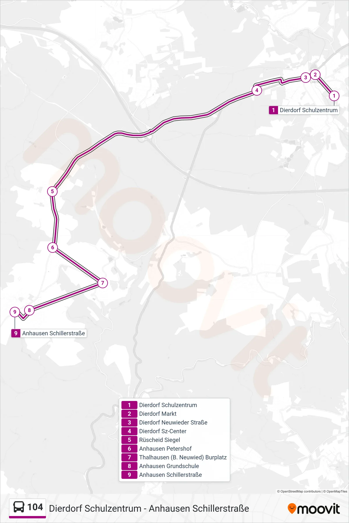 104 bus Line (Anhausen Schillerstraße) route and stops on a map