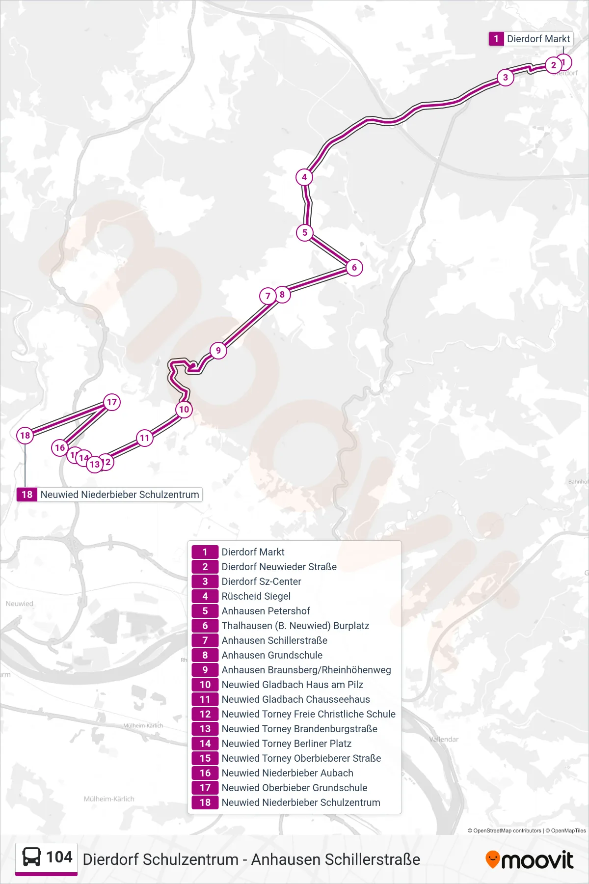 104 bus Line (Neuwied Niederbieber Schulzentrum) route and stops on a map