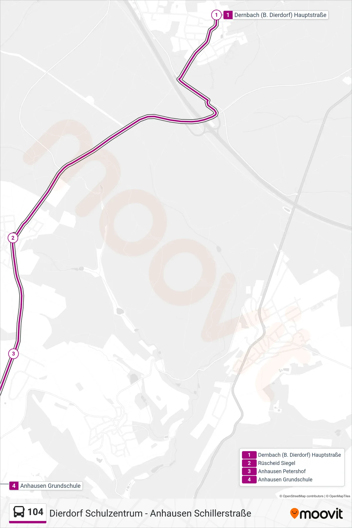 104 bus Line (Anhausen Grundschule) route and stops on a map