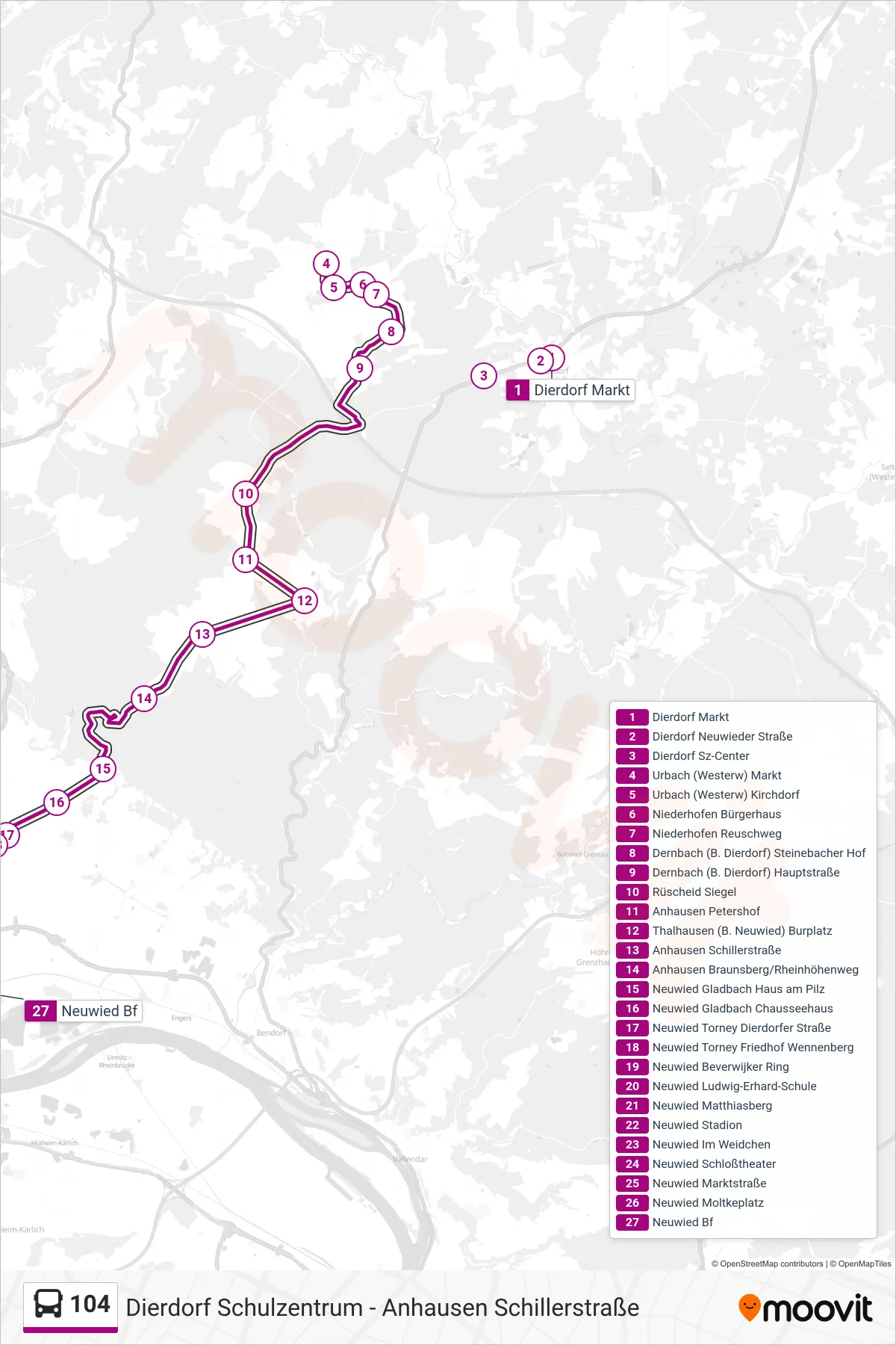 104 bus Line (Neuwied Bf) route and stops on a map