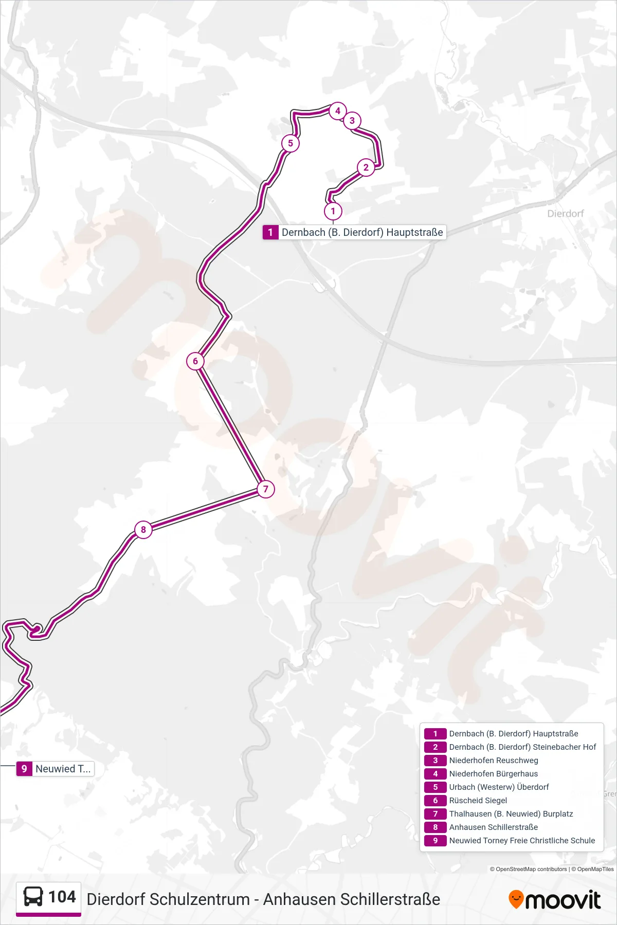104 bus Line (Neuwied Torney Freie Christliche Schule) route and stops on a map