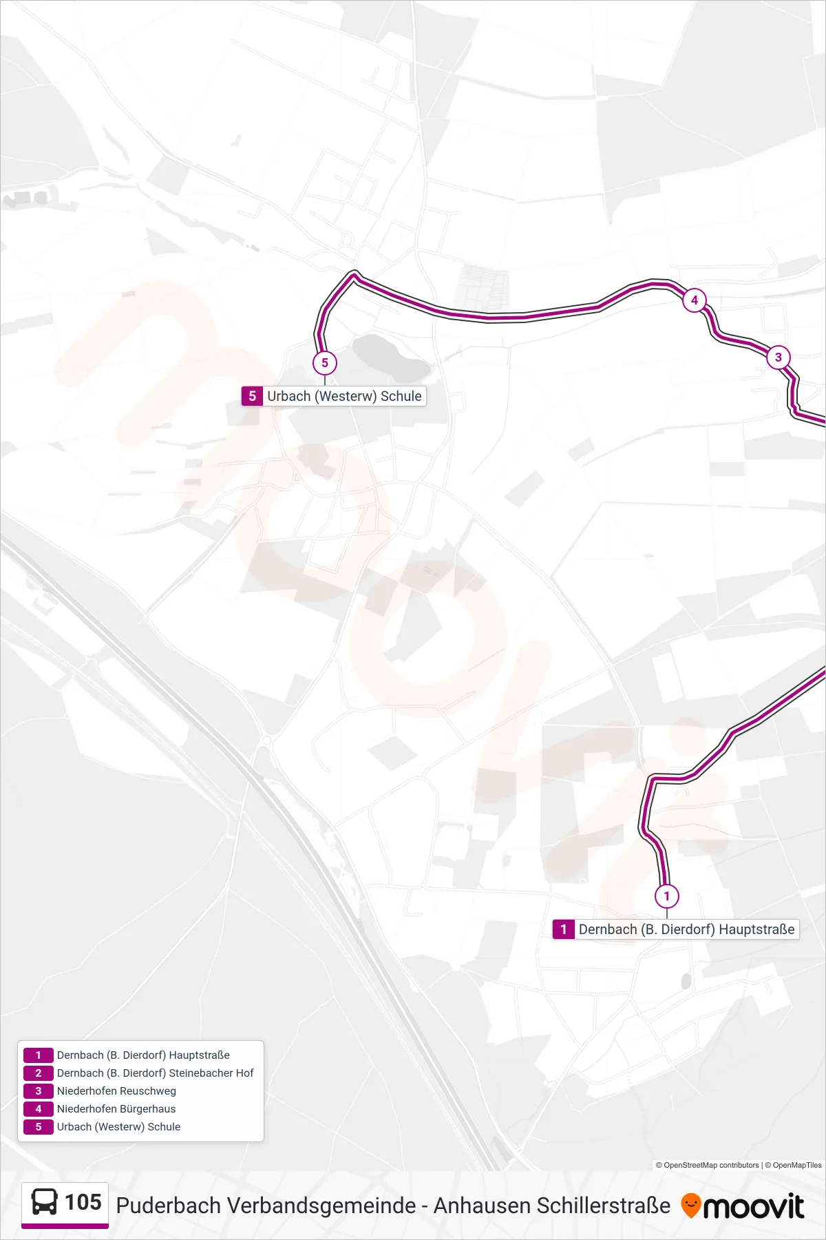 105 bus Line (Urbach (Westerw) Schule) route and stops on a map