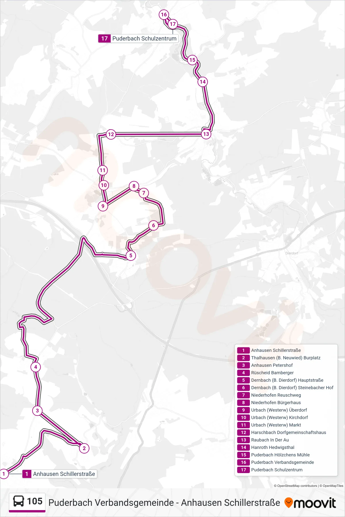 105 bus Line (Puderbach Schulzentrum) route and stops on a map