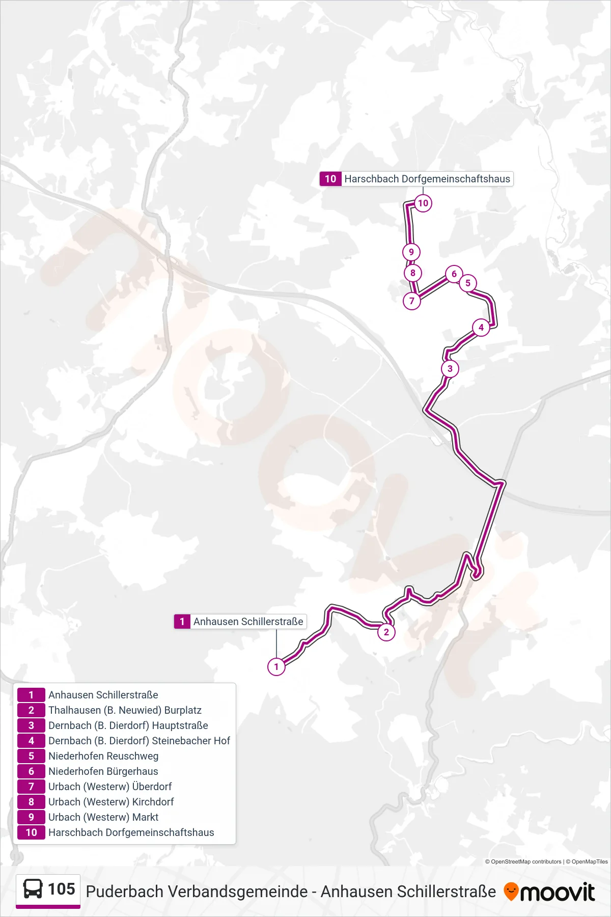 Linie 105 (Bus) Richtung Harschbach Dorfgemeinschaftshaus: Route und Haltestellen auf der Karte