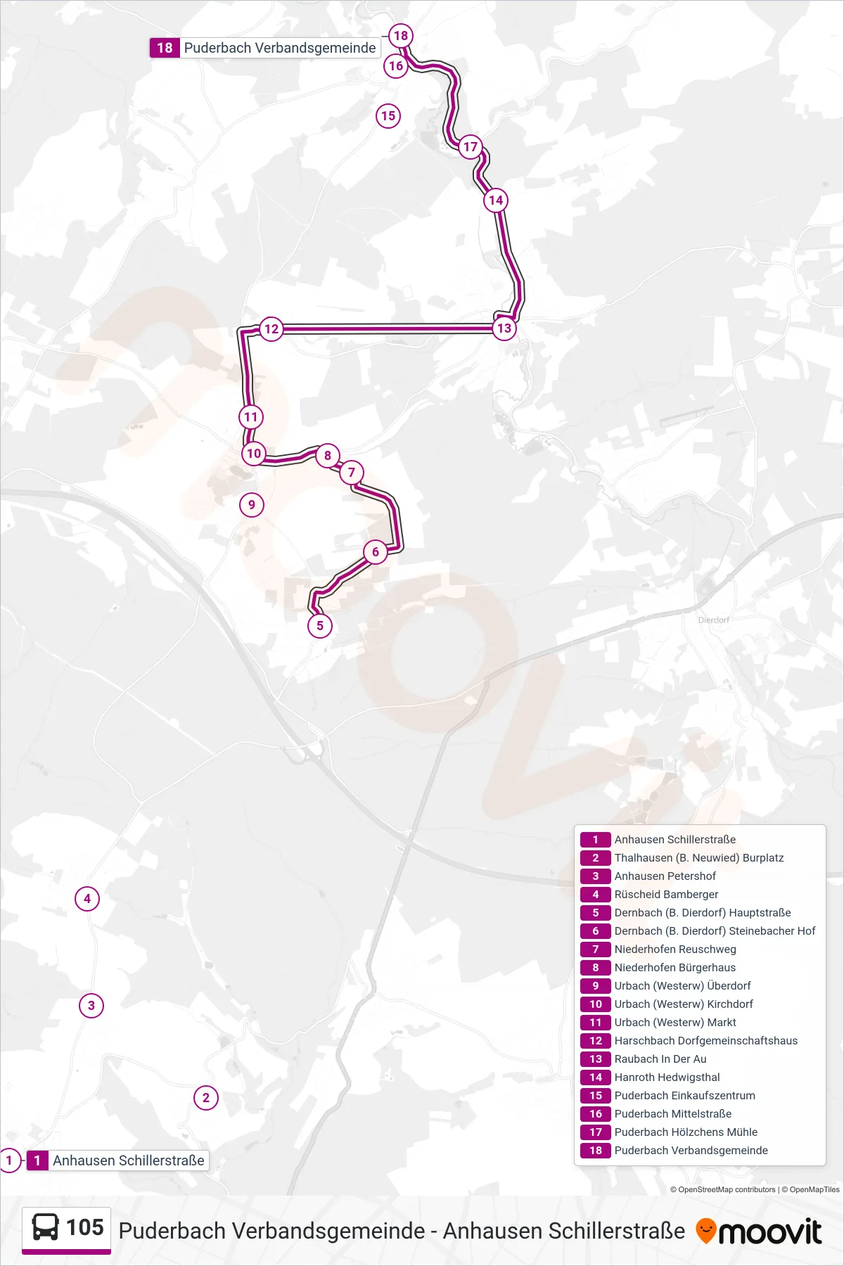 105 bus Line (Puderbach Verbandsgemeinde) route and stops on a map