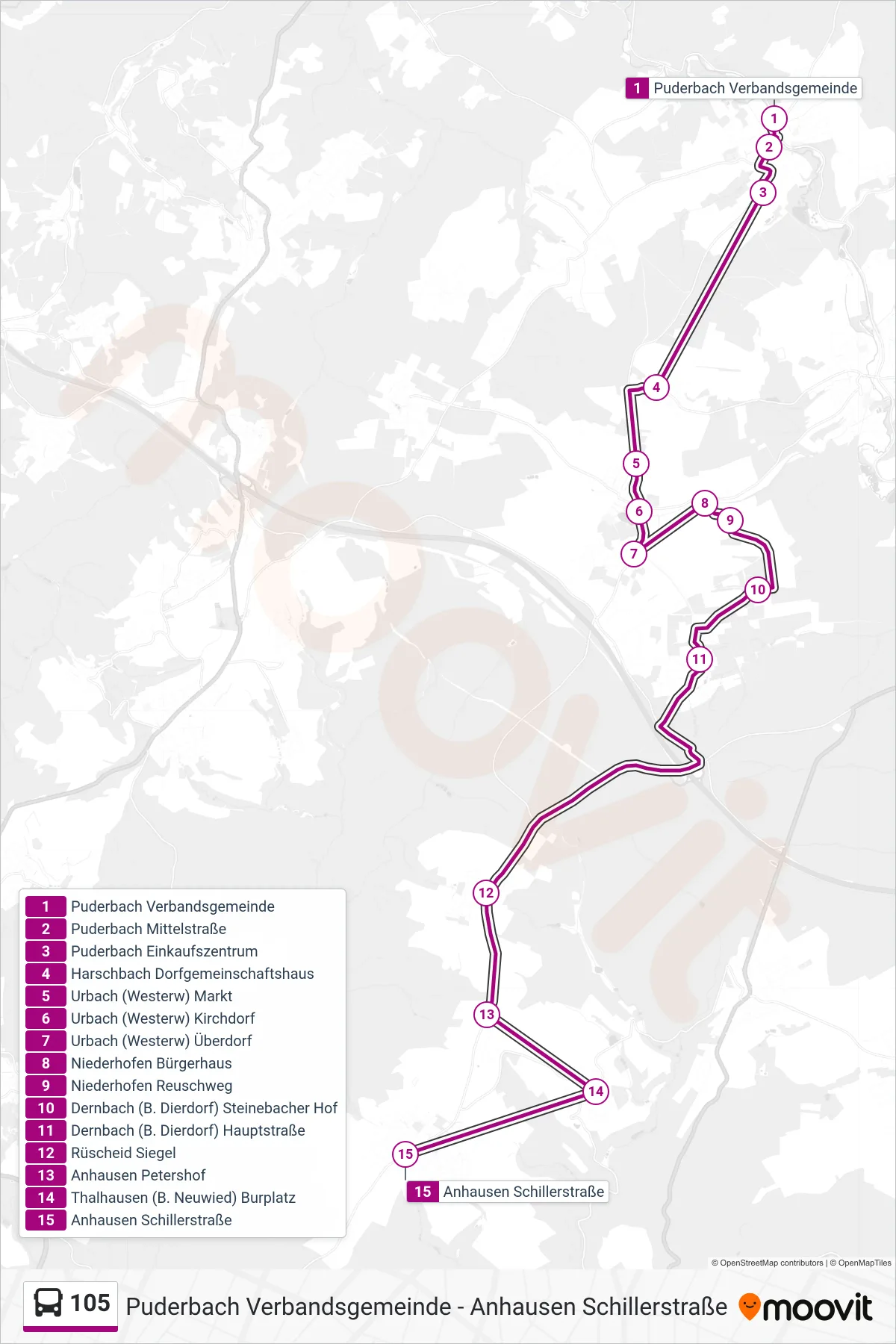 105 bus Line (Anhausen Schillerstraße) route and stops on a map