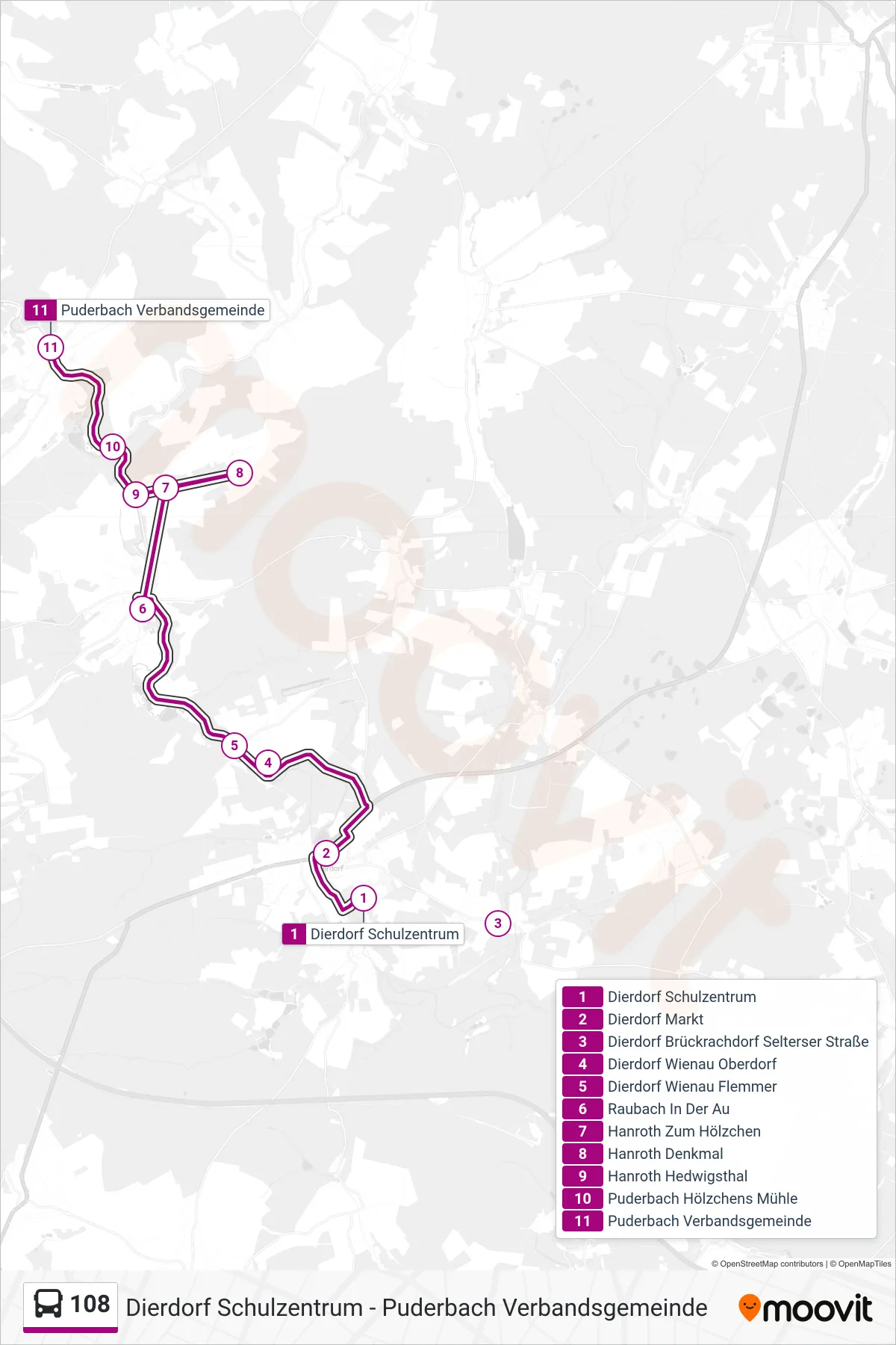 108 bus Line (Puderbach Verbandsgemeinde) route and stops on a map