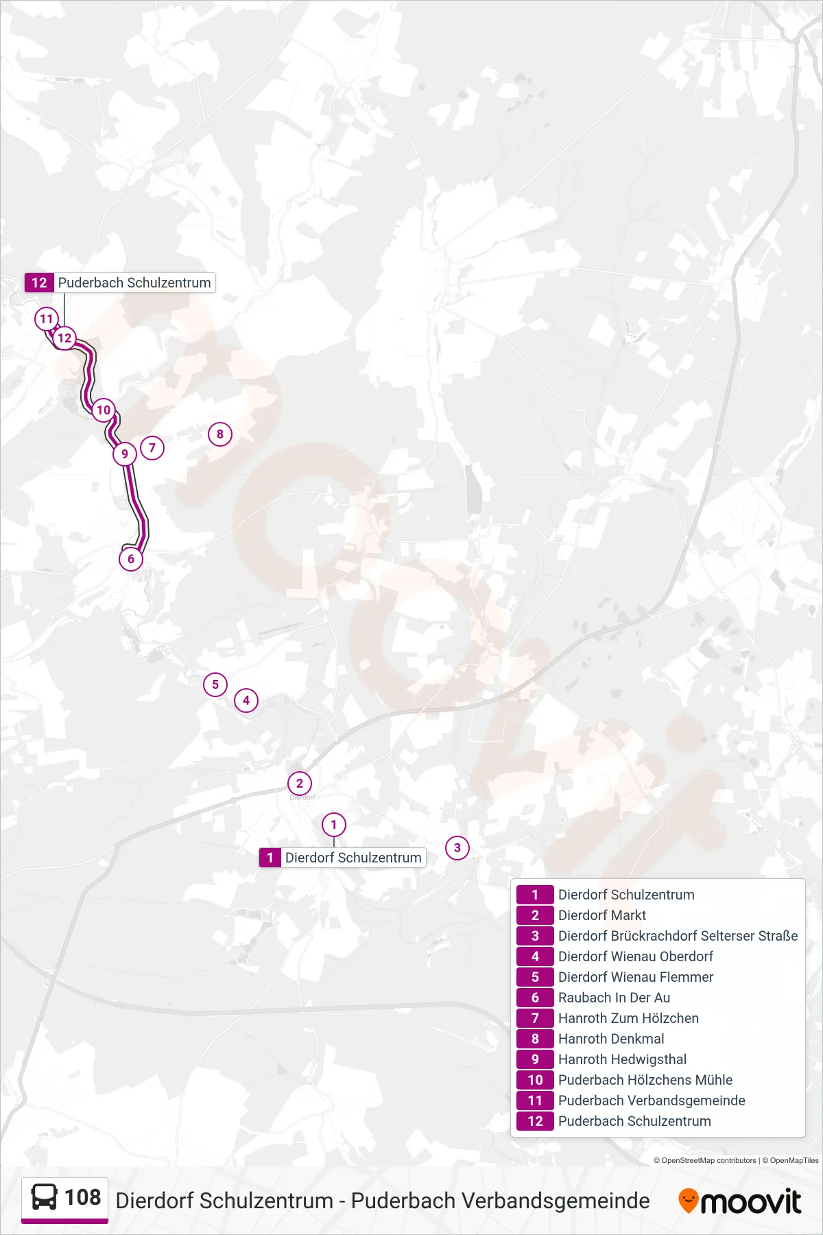 108 bus Line (Puderbach Schulzentrum) route and stops on a map