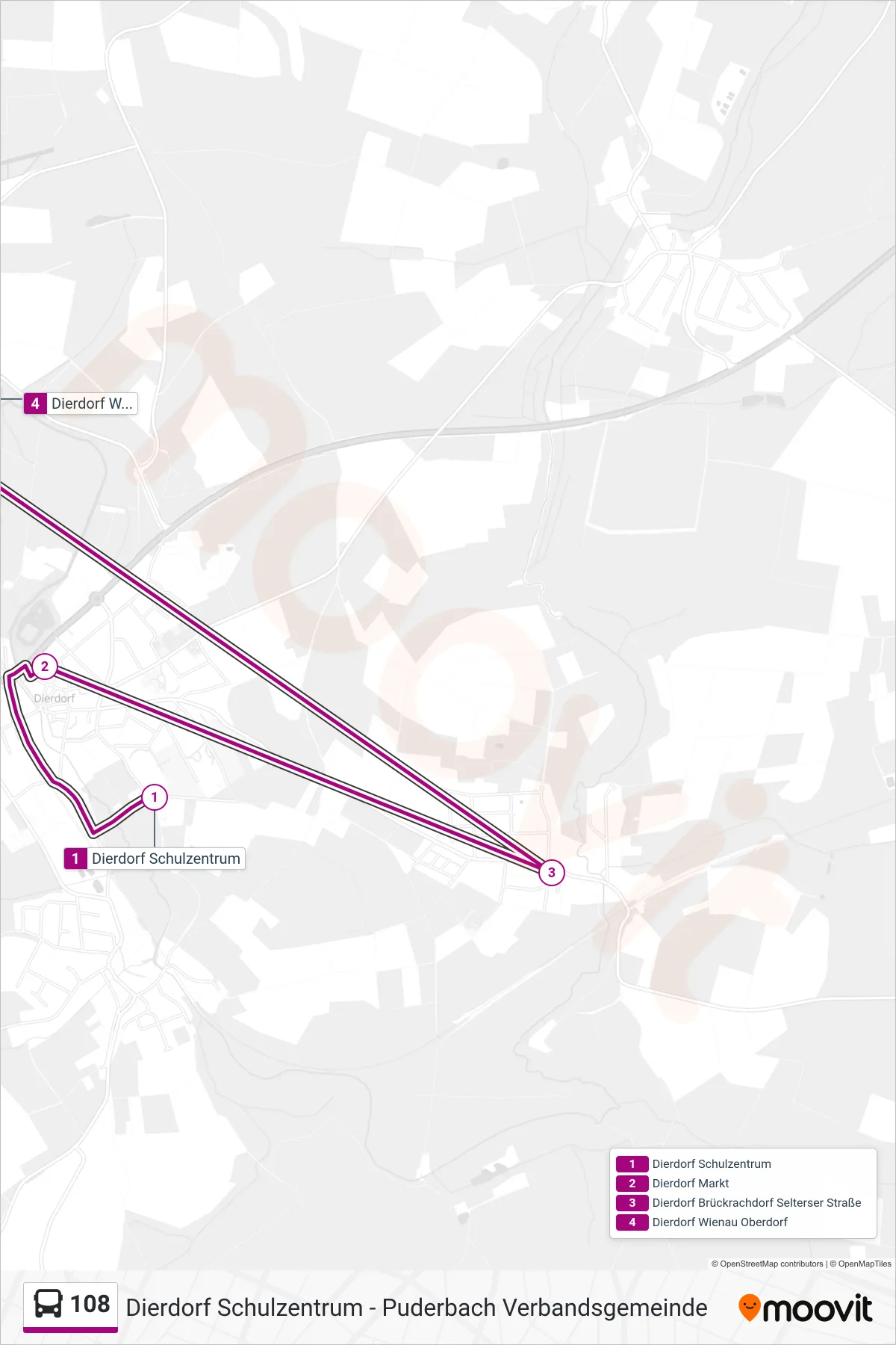 108 bus Line (Dierdorf Wienau Oberdorf) route and stops on a map